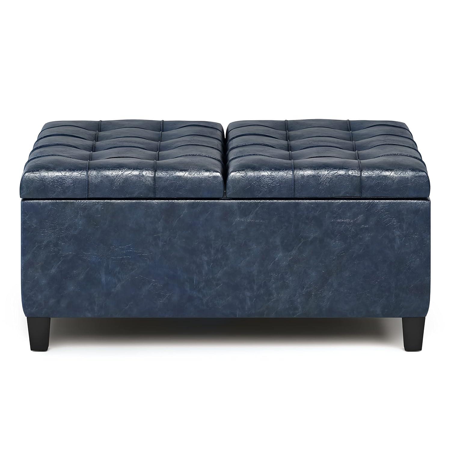 Simpli Home Harrison 36"W Upholstered Square Coffee Table Storage Ottoman with Split Lift Top