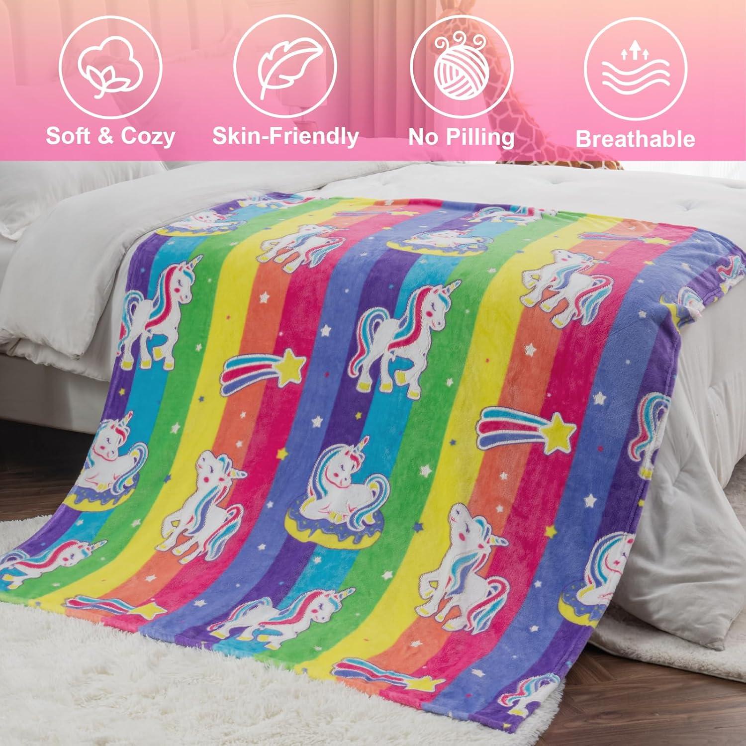 Unicorn Gifts Toys for Girls Kids - Glow in The Dark Rainbow Blanket Best Christmas Birthday Valentines Easter Decor Present for Age 1-14 Years Old Teens Child Toddler Daughter Soft Cozy Throw 50"x60"