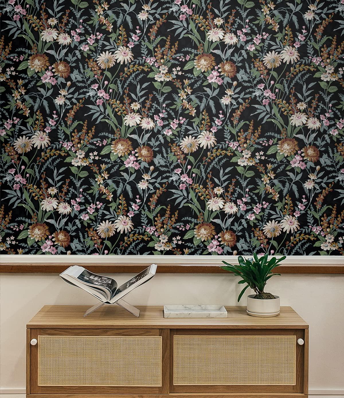 NextWall Vintage Floral Peel and Stick Wallpaper 20.5 in. W x 18 ft. L - Onyx