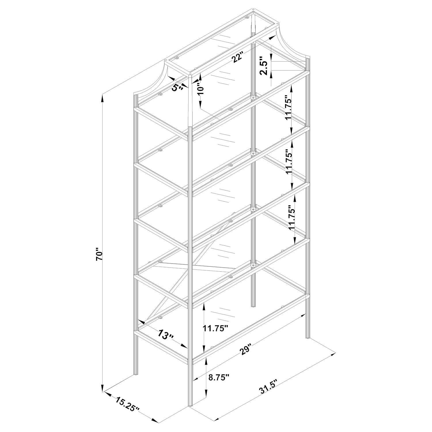 Coaster 70" Serena Modern 5 Tier Tempered Glass Shelves Bookcase Matte Gold