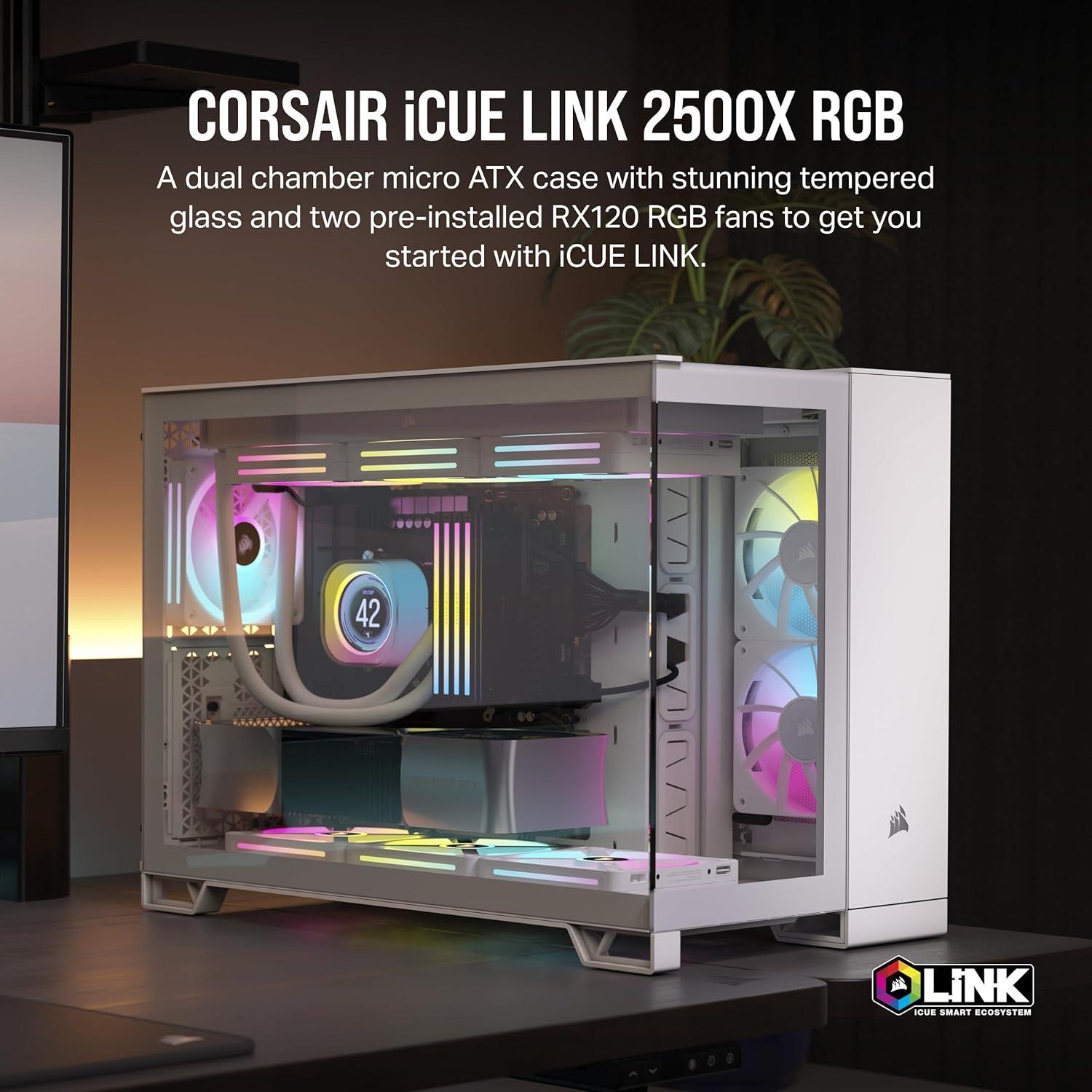 CORSAIR iCUE LINK 2500X RGB Micro ATX Dual Chamber PC Case – White – Two Tempered Glass Panels – 2x  RX120 RGB Fans Included – Highly Customizable