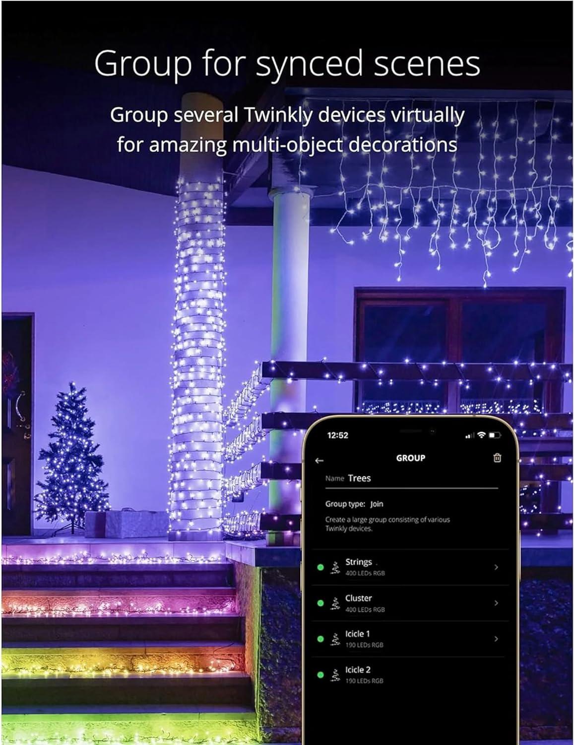 Twinkly Icicle App-Controlled LED Christmas Lights with 190 RGB (16 Million Colors) LEDs. Clear Wire. Indoor and Outdoor Smart Lighting Decoration