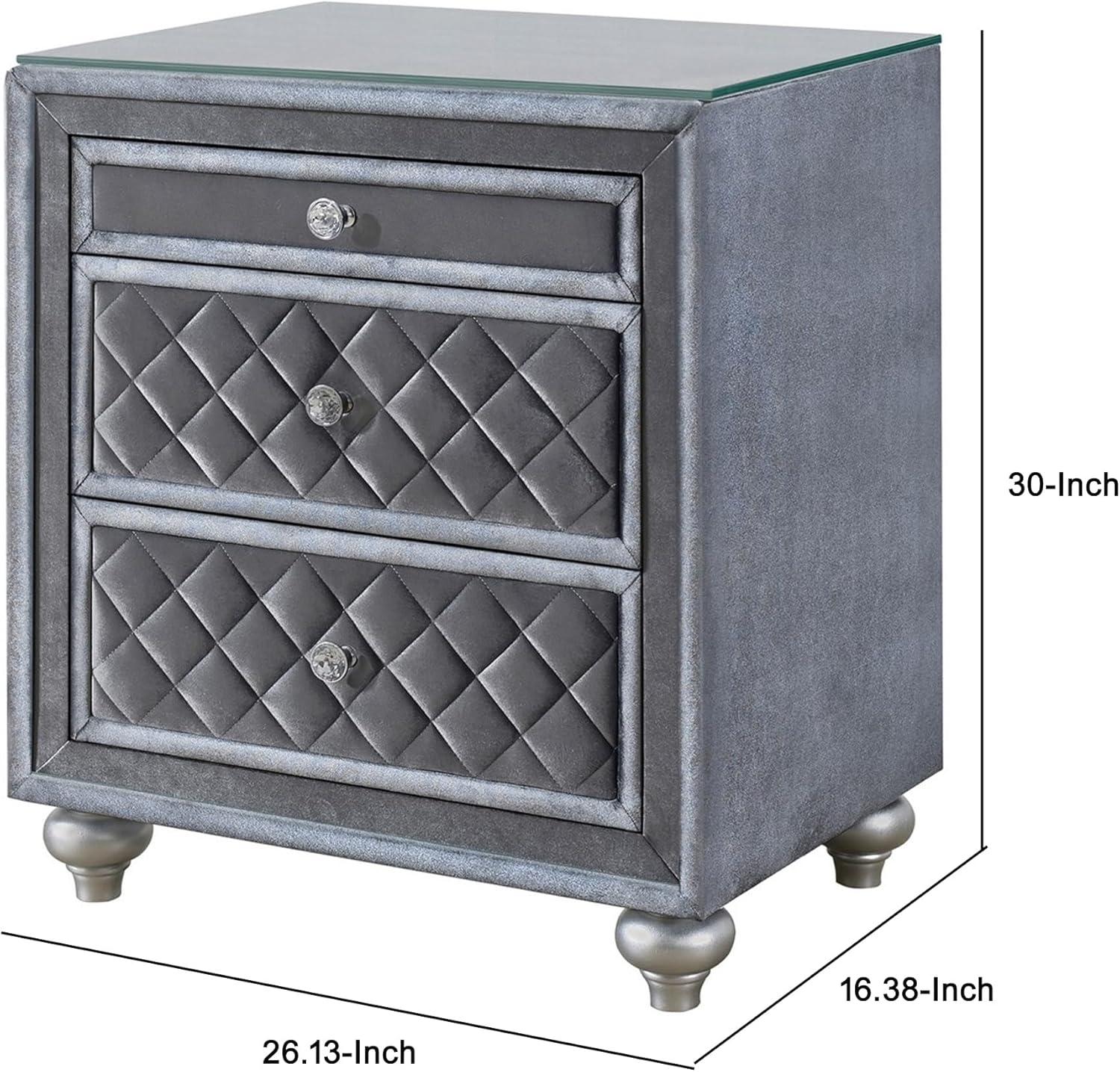 Gray Velvet 3-Drawer Nightstand with Glass Top and Crystal Knobs