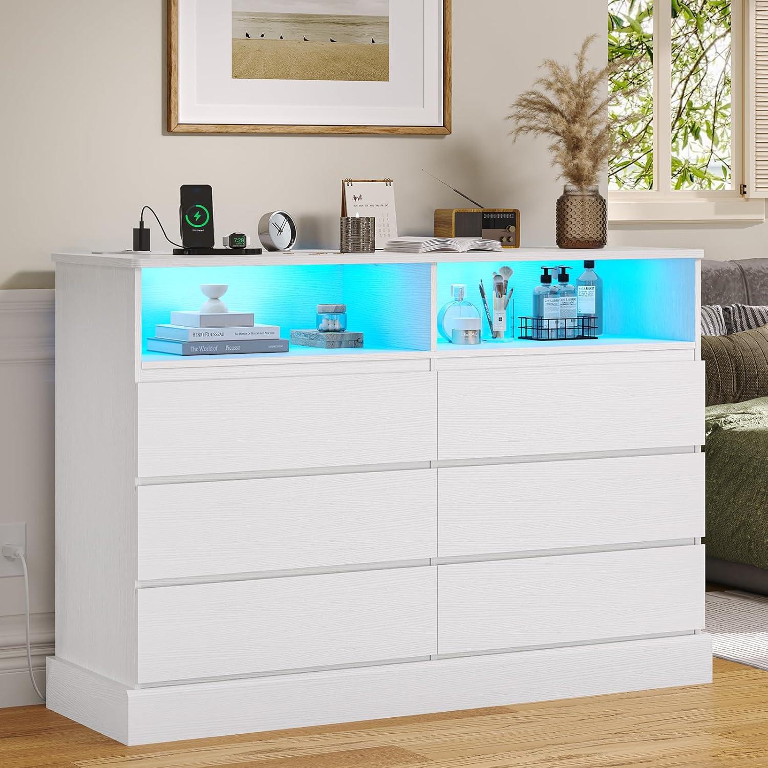 6 Drawers Dresser Storage Cabinets for Bedroom, Dresser Chest of Drawers with Charging Station&LED Lights for Living Room, White