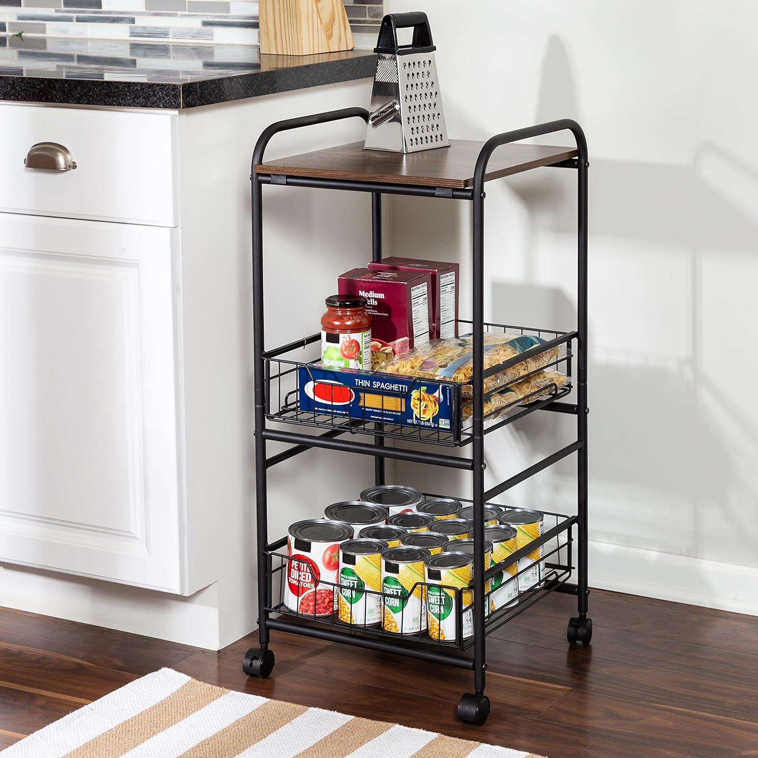 Honey-Can-Do 3 Tier Slim Rolling Cart with Pull Out Baskets