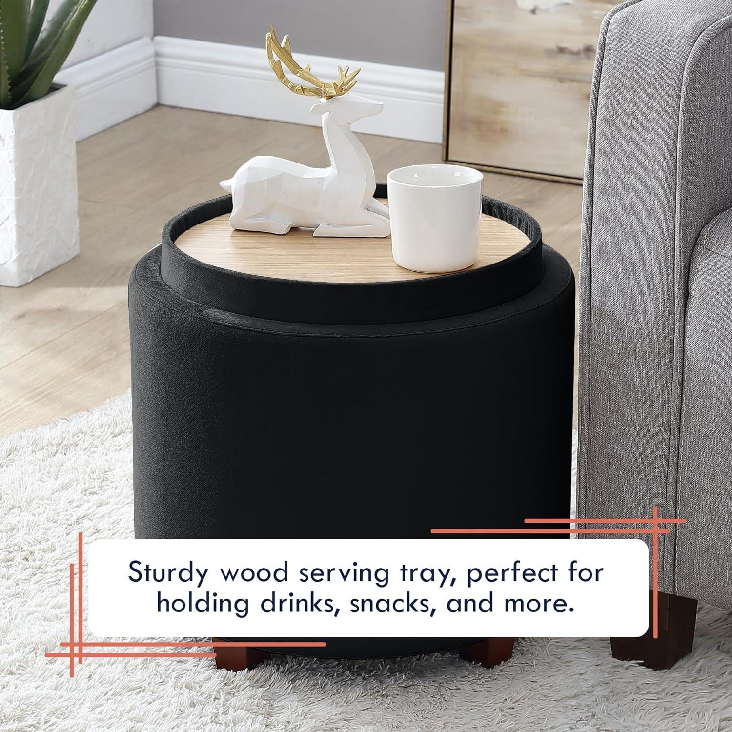 Ornavo Home Lawrence Round Storage Ottoman with Table Top Lid - Velvet Black