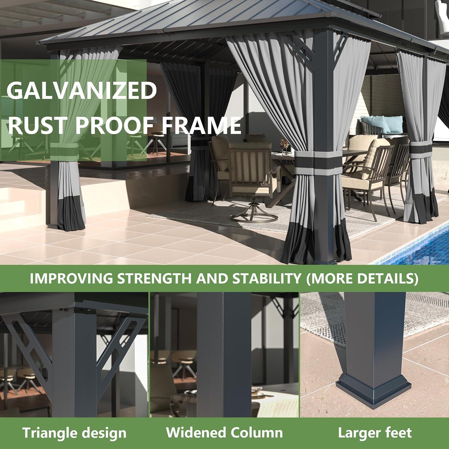 Aoxun 12x20 Hardtop Gazebo, Outdoor Galvanized Steel Double Roof Canopy with Netting and Curtains for Garden, Patio, Lawns, Gray