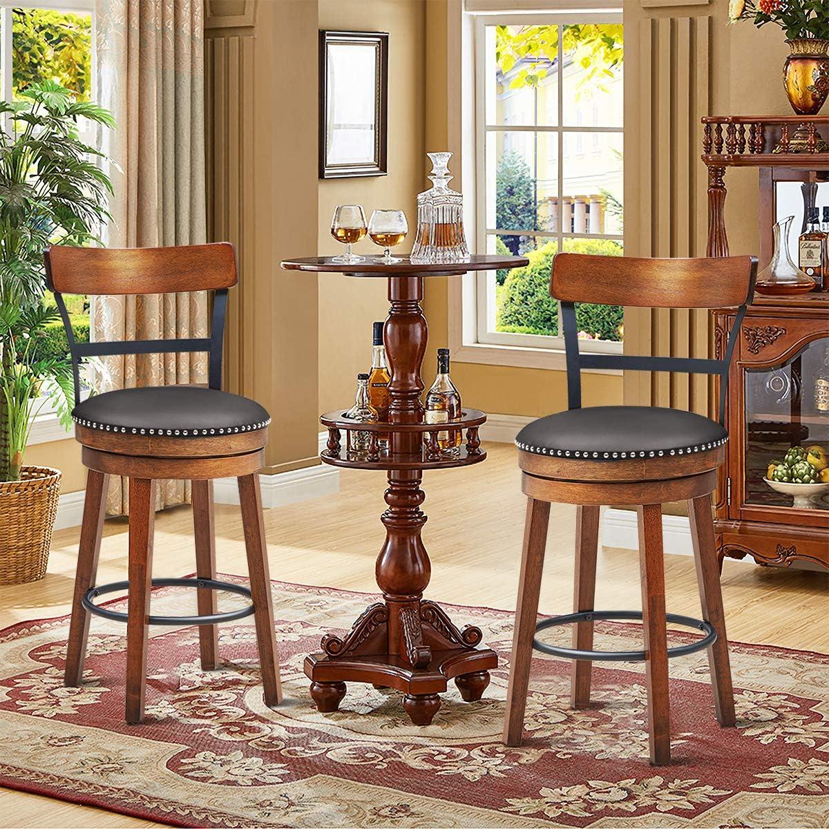 Set of 2 Brown Wood and Leather Swivel Counter Stools