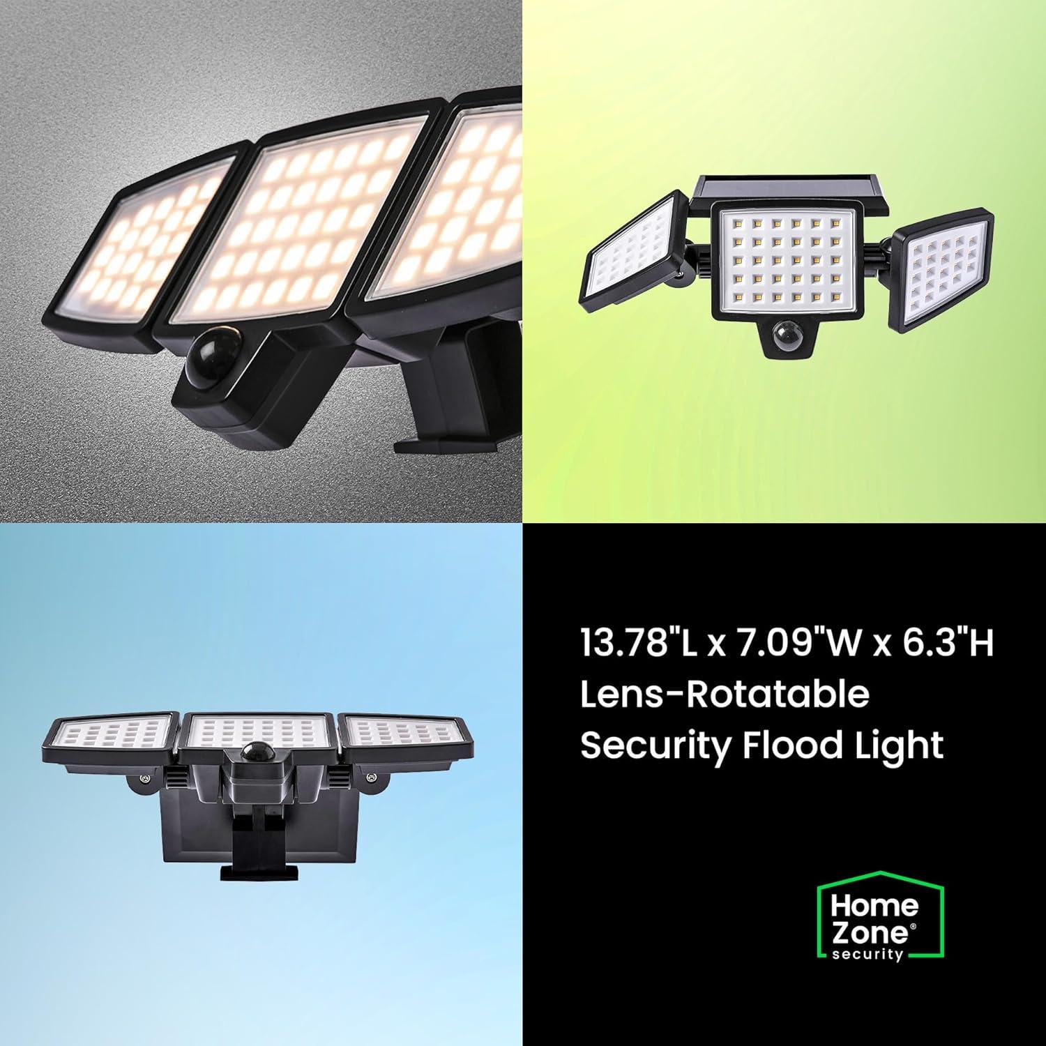 Home Zone Security Solar Triple Head Flood Lights - 3500K, 1000 Lumens, Adjustable Angle, 2-Pack