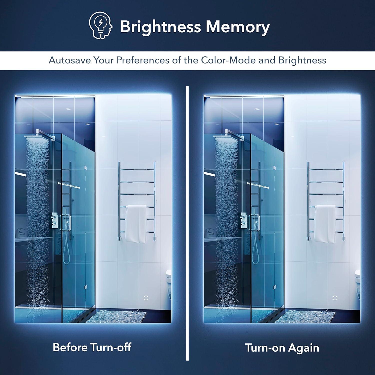 Nora 38" x 26" Rectangular Frameless Anti-Fog Aluminum Back-lit Tri-color LED Bathroom Vanity Mirror with Smart Touch Control - JONATHAN Y