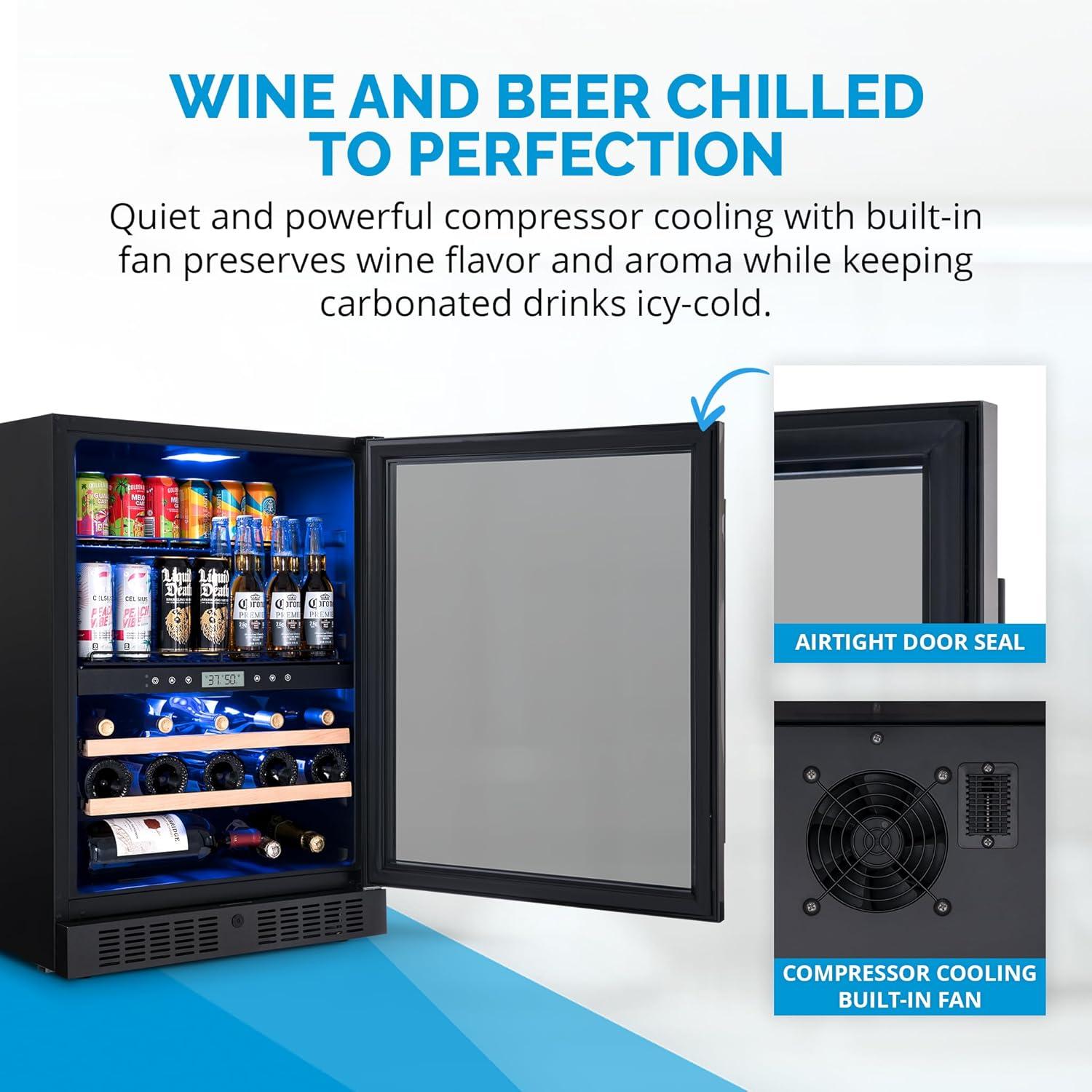 Newair 24" Built-in Dual Zone Wine and Beverage Refrigerator 24 Bottles & 100 Cans, Black Stainless Steel, Drinks and Wine Combination Fridge