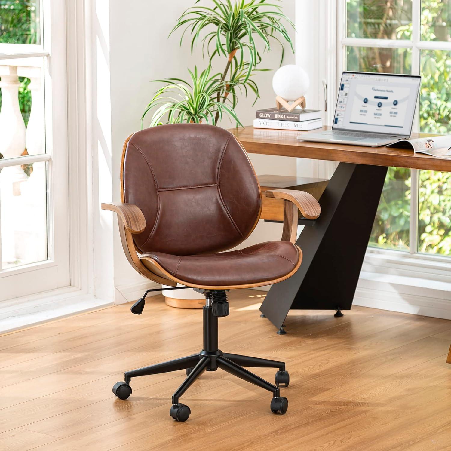 Glitzhome Leather Home Office Chair with Arm, Mid-Back Adjustable Executive Swivel Desk Task Chair,Beige