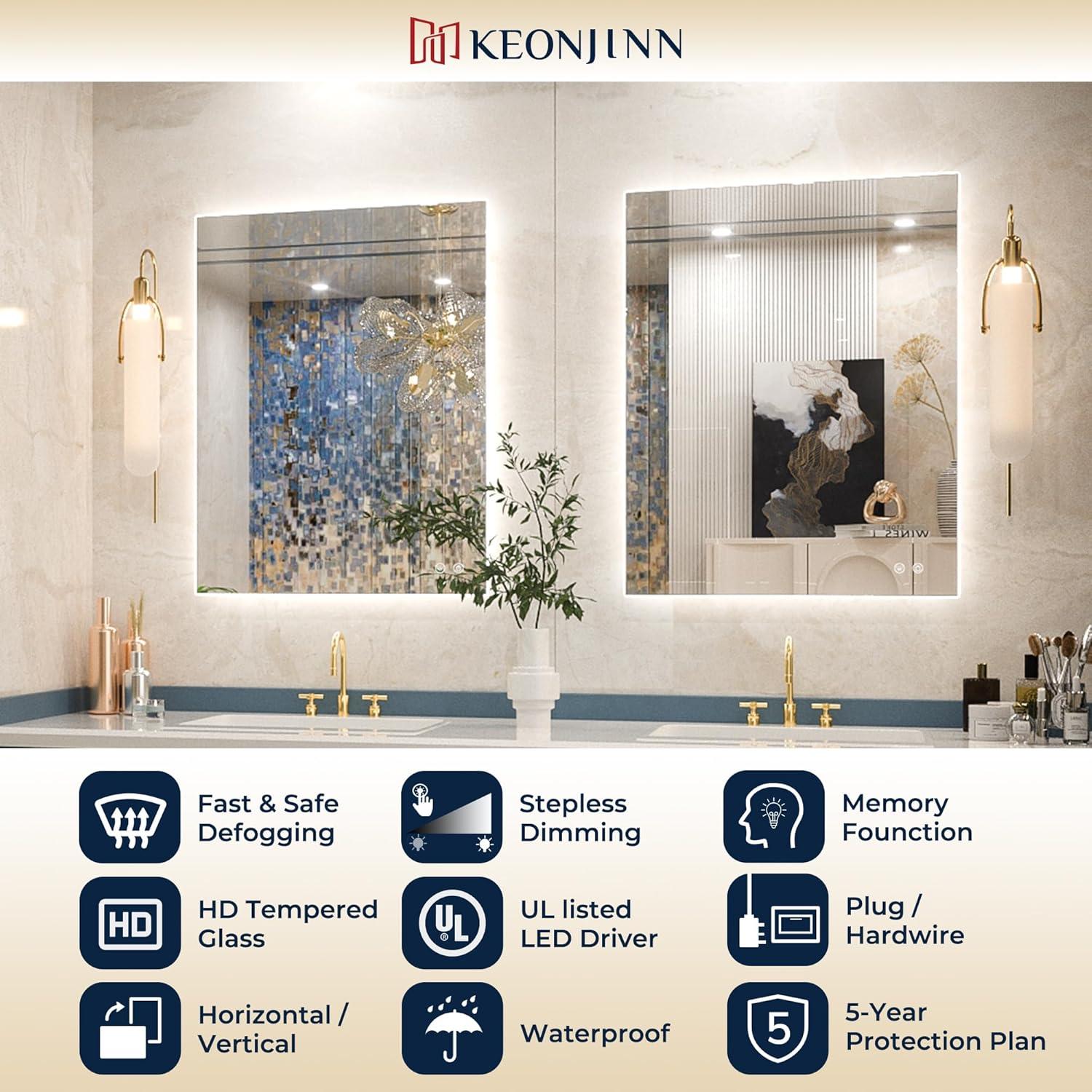 Keonjinn 40"x28" LED Backlit Mirror with Anti-Fog Dimmable Modern Rectangular Makeup Wall Mirror with Light, CRI90 Waterproof for Bathroom(Horizontal/Vertical)