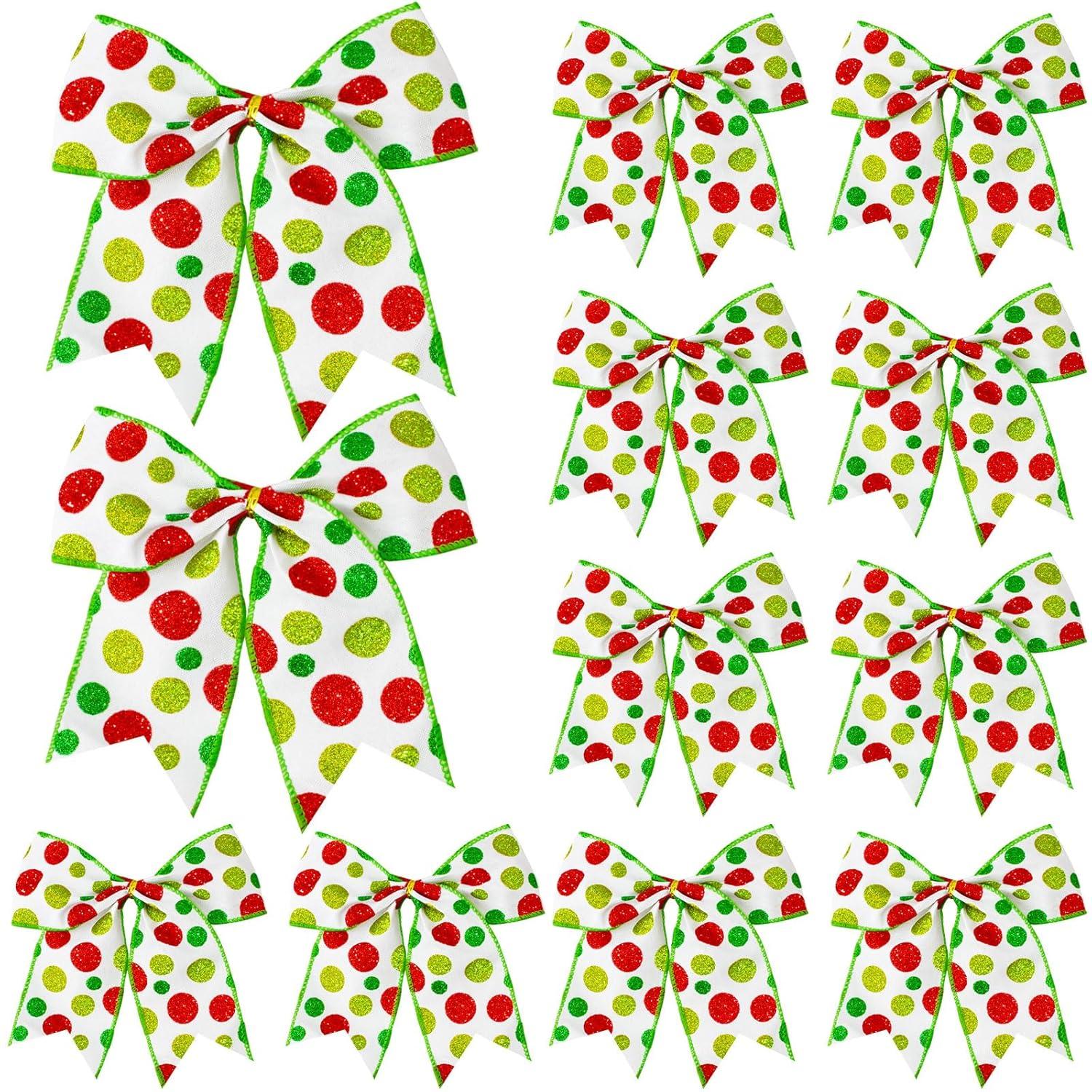 Sandistore Cute Cars 12pcs Christmas Tree Bows Ornaments 6 Inch Large Christmas Wreath Bows Red Green Xmas Tree Bows Christmas Glitter Dot Bows Ribbons Decoration For Garland Diamonds for Crafts