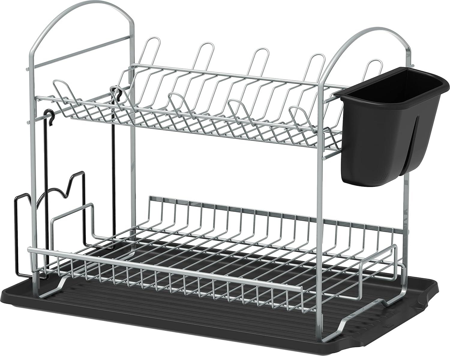 SimpleHouseware 2-Tier Dish Rack with Drainboard, Silver