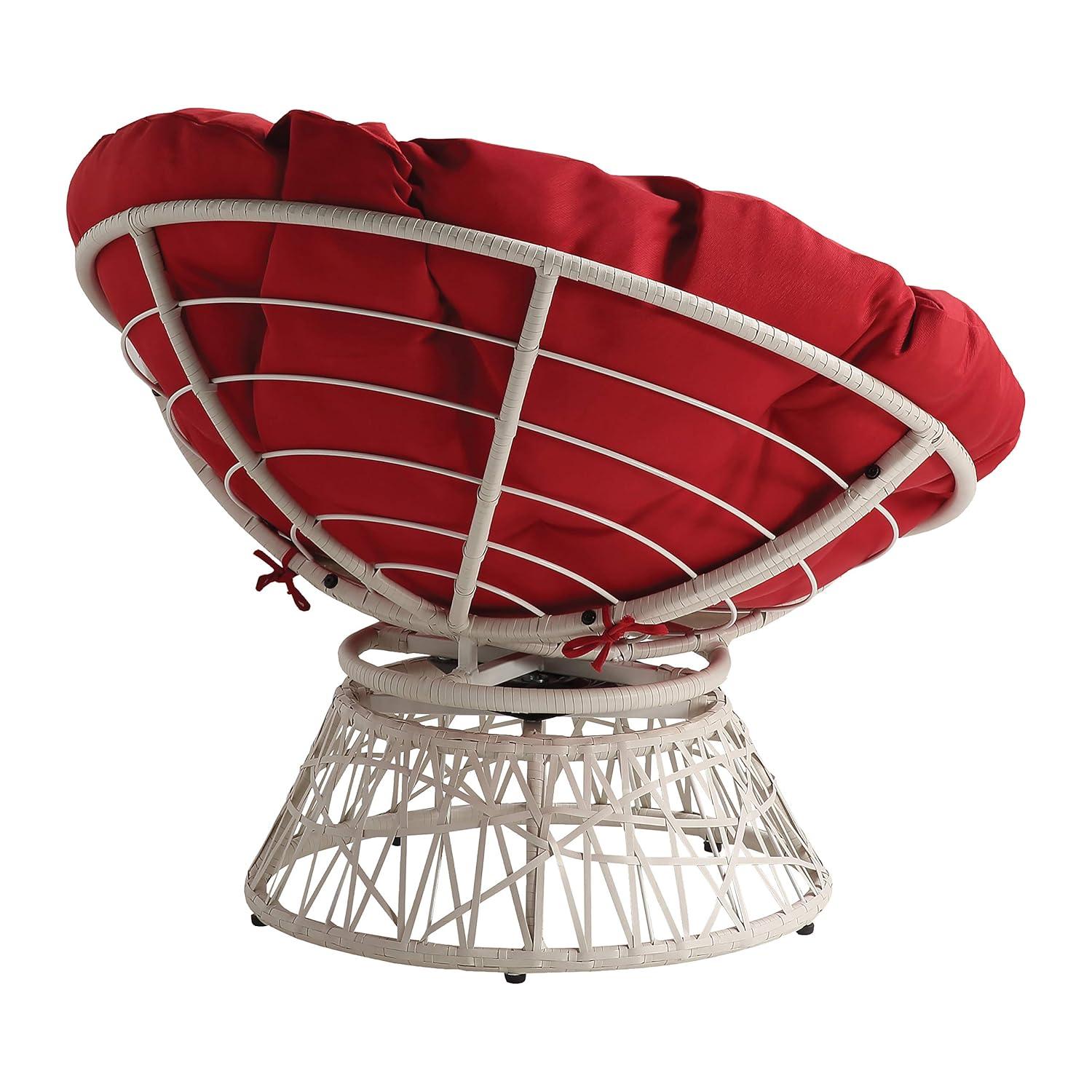 Papasan Chair with Red Round Fabric Pillow Cushion and Cream Wicker Weave