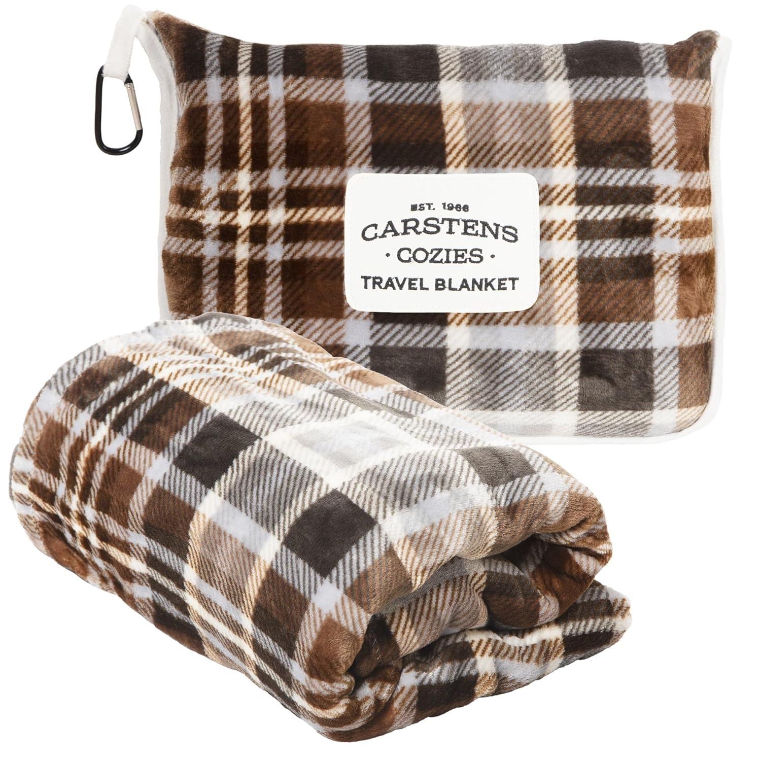 King Size Gray and Chestnut Plaid Fleece Travel Blanket