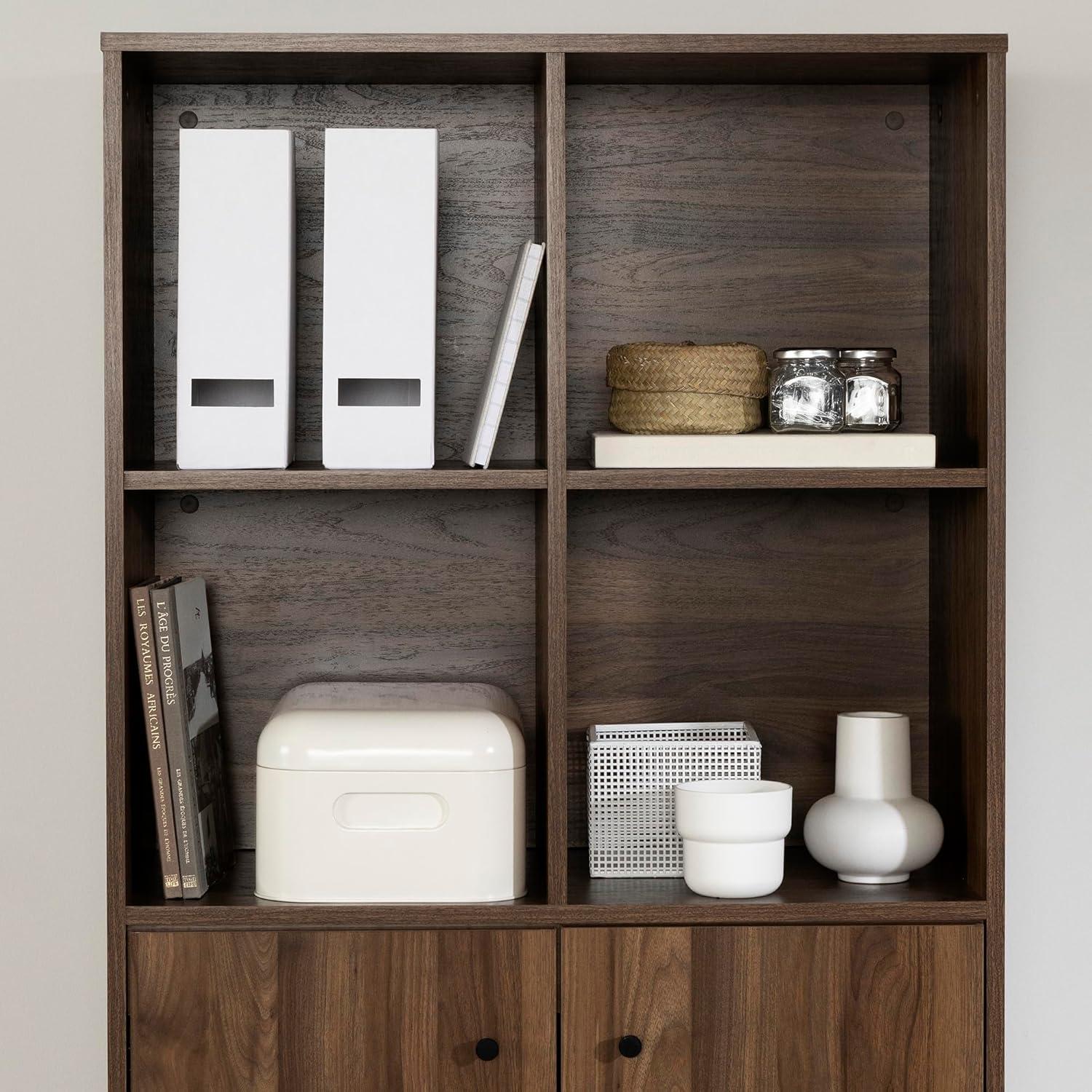 Natural Walnut 5-Shelf Office Bookcase with Doors