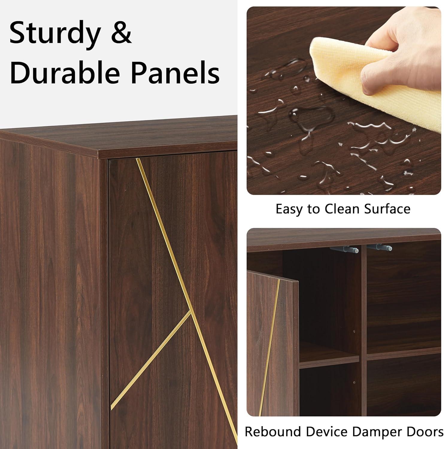 63'' Dark Walnut and Gold Mid Century Modern Sideboard Buffet