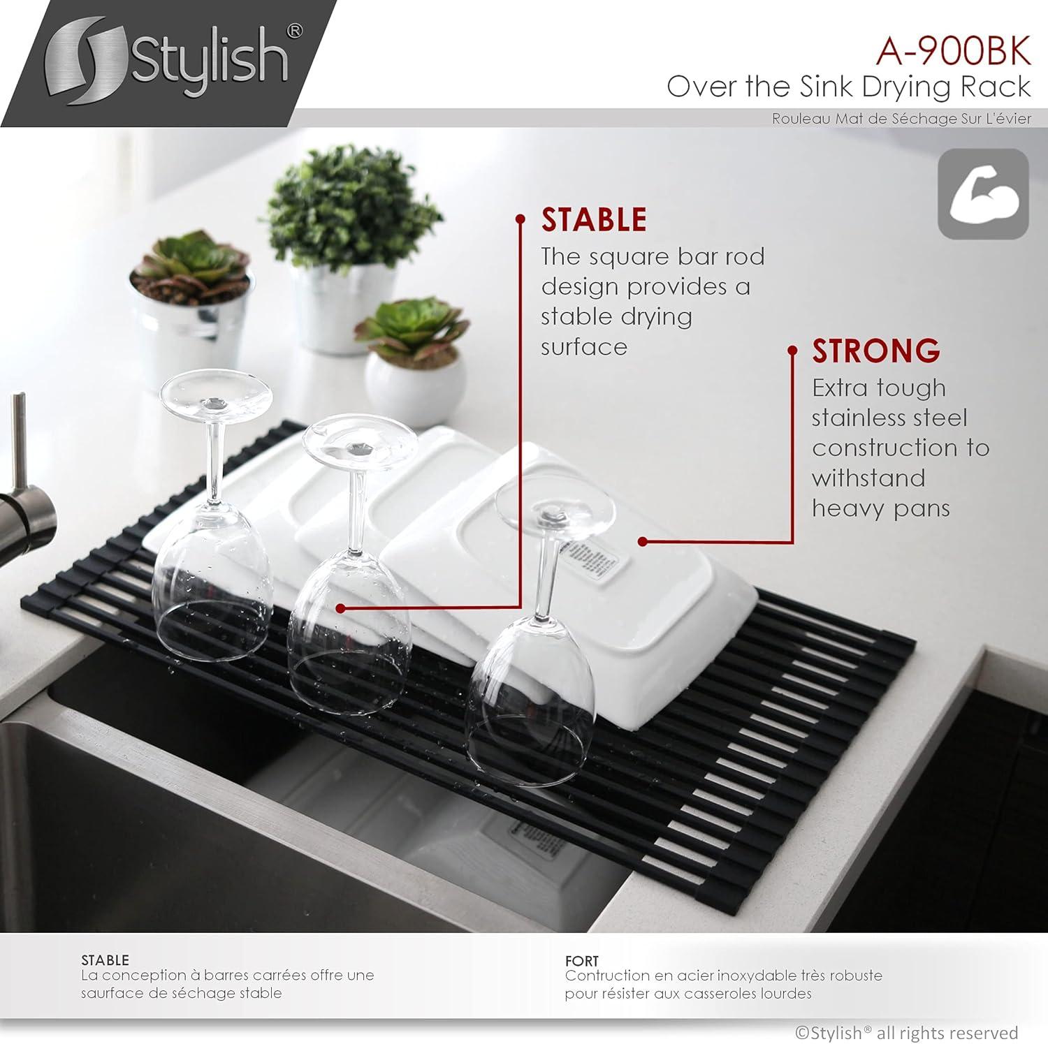 STYLISH Over The Sink Roll Up Dish Drying Rack Heat Resistant Trivet for Drying Dishes and Rinsing Vegetables Dark Grey A-900DG