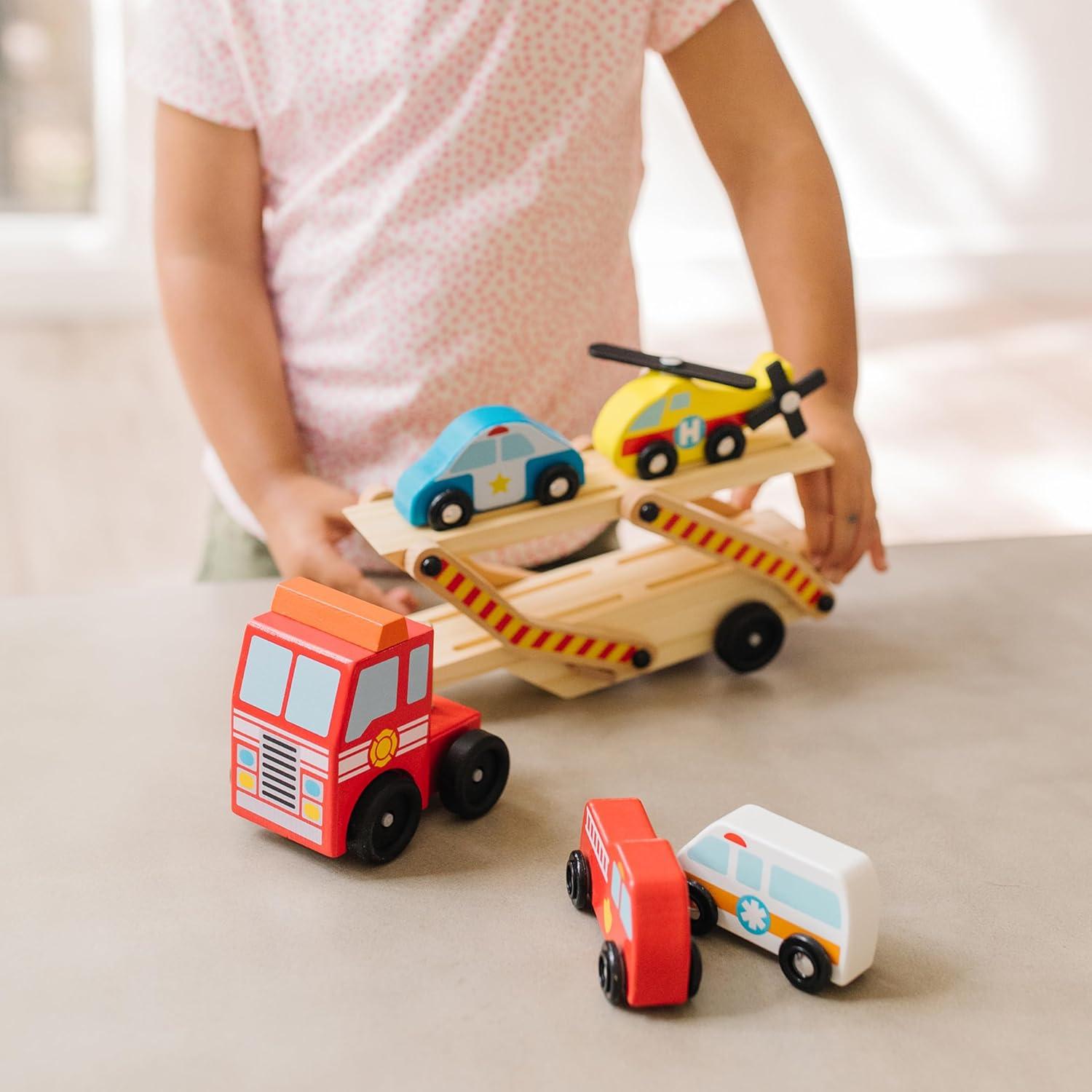 Melissa & Doug Emergency Vehicle Carrier Wooden Truck With 4 Rescue Vehicles
