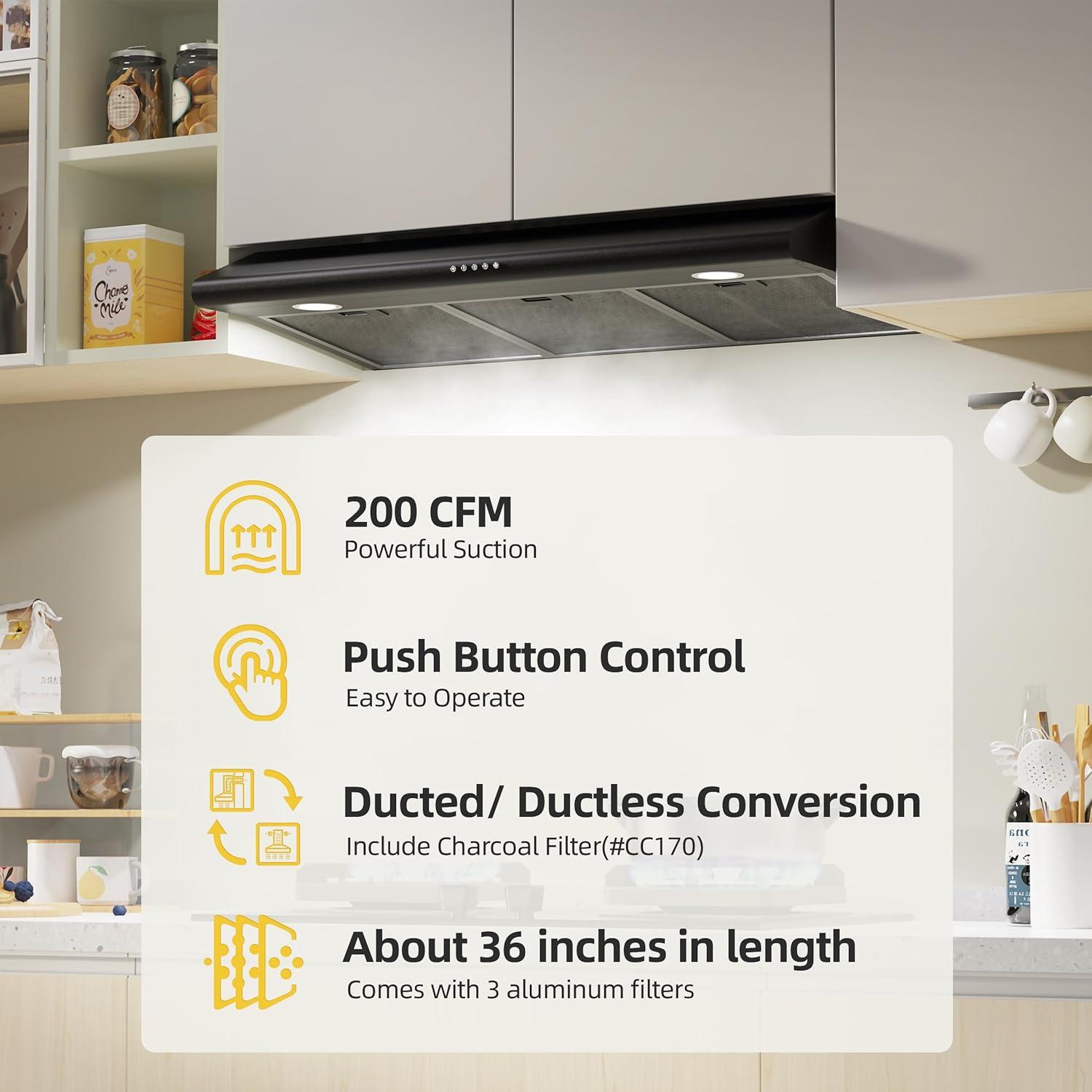 FIREGAS 36 inch Under Cabinet Range Hood 300CFM with Ducted/Ductless Convertible, Slim Kitchen Over Stove Vent, 3 Speed Exhaust Fan, Reusable Aluminum Filters, Push Button, Black