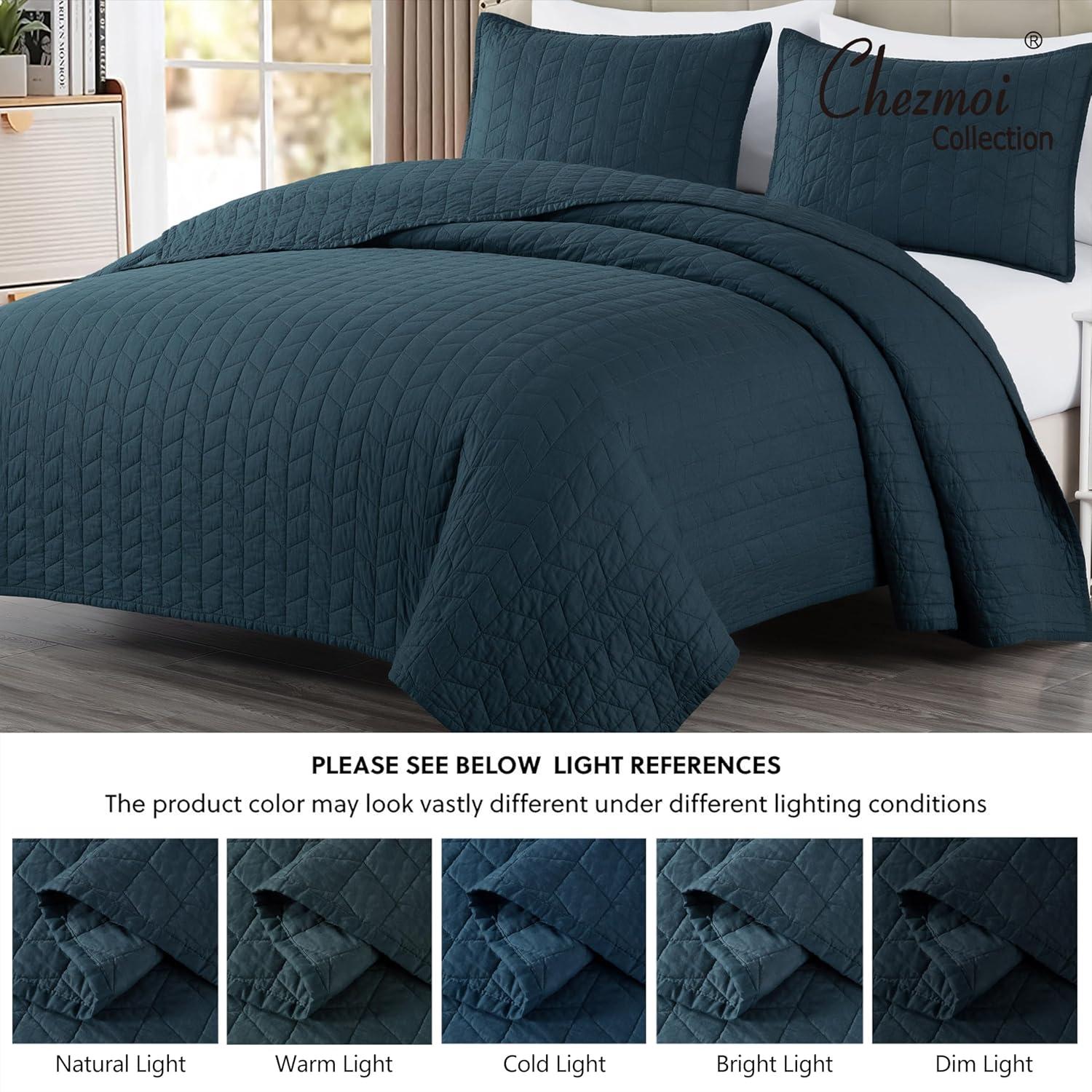 King Size Dark Blue Cotton Reversible Quilt Set