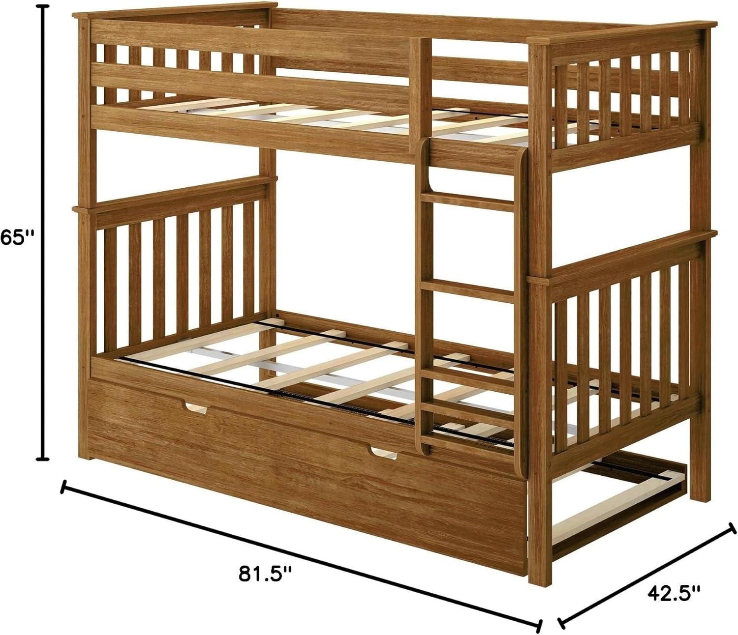 Max & Lily Solid Wood Twin over Twin Bunk Bed with Storage Trundle for Kids, Pecan