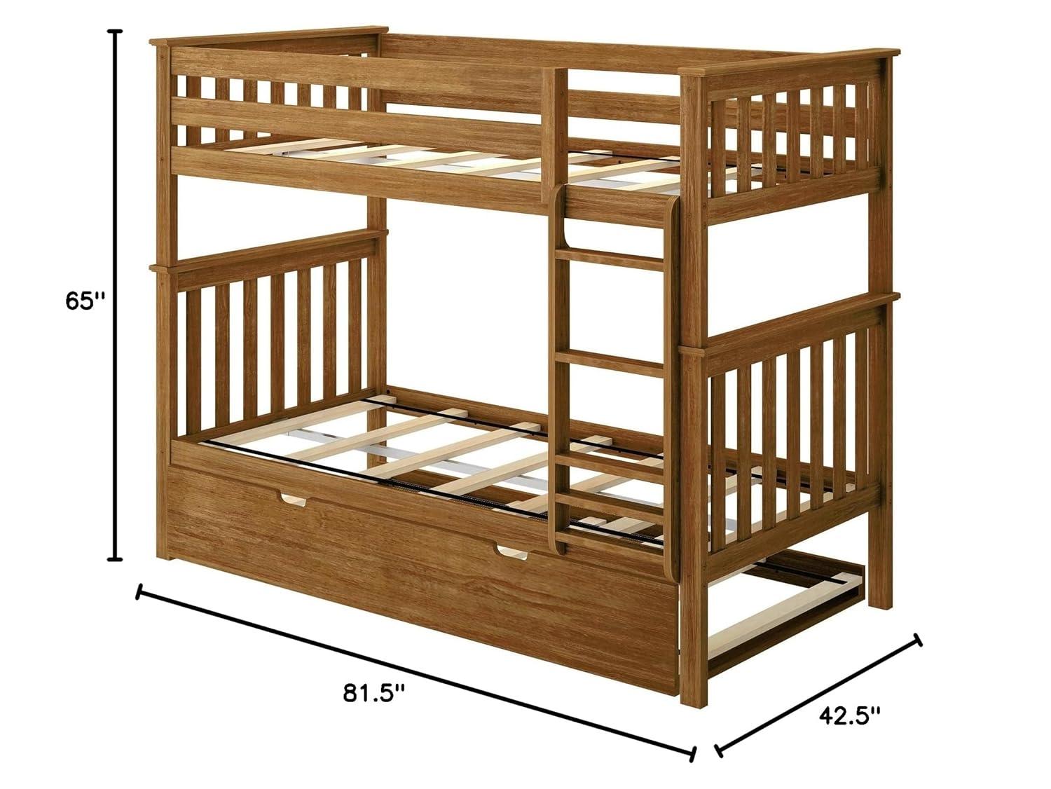 Max & Lily Solid Wood Twin over Twin Bunk Bed with Storage Trundle for Kids, Pecan