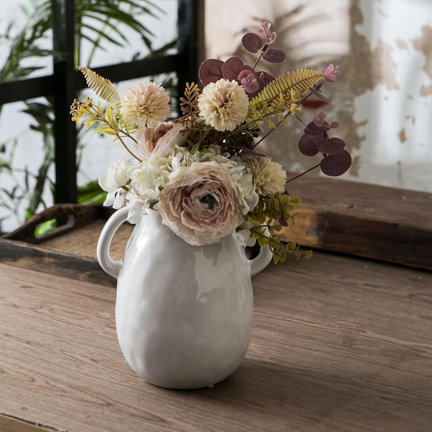 Grey Ceramic Vase with 2 Handles, Modern Farmhouse Vase for Home Decor, Rustic Terracotta Vase, Decorative Pottery Flower Vase, Clay Samll Vase, Centerpieces for Dining Table - 7 Inch Tall