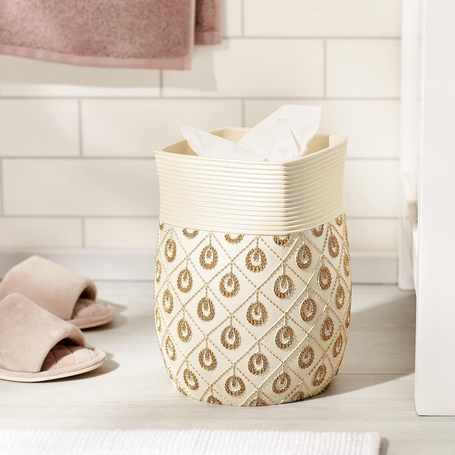 Ivory and Gold Ridged Plastic Rubbish Bin