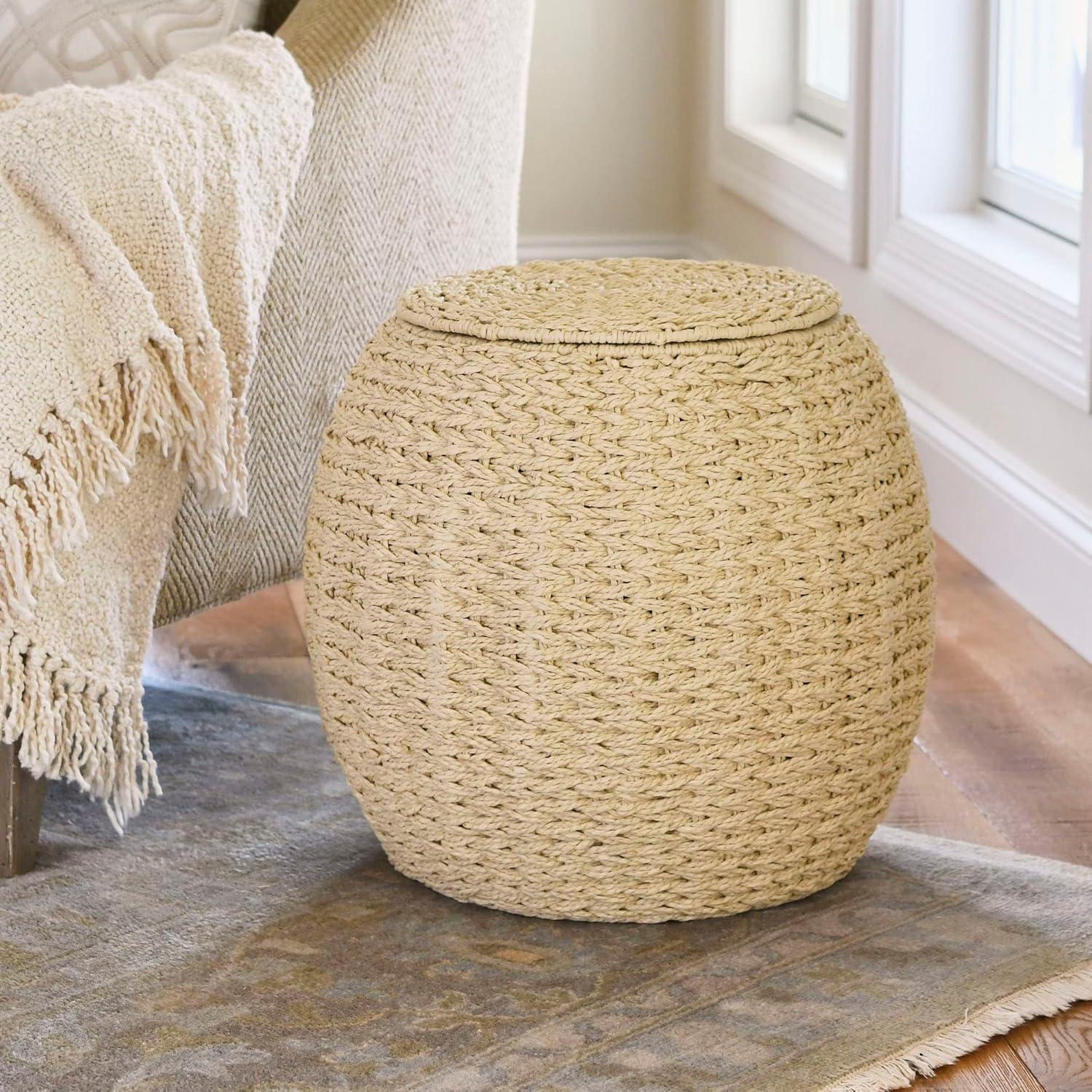 Household Essentials Barrel Basket Side Table, Hand-woven Resin Woven, Sturdy Metal Frame, Weather Resistant, Easy to Clean, Multipurpose, Great for Indoor and Outdoor Use, Cream