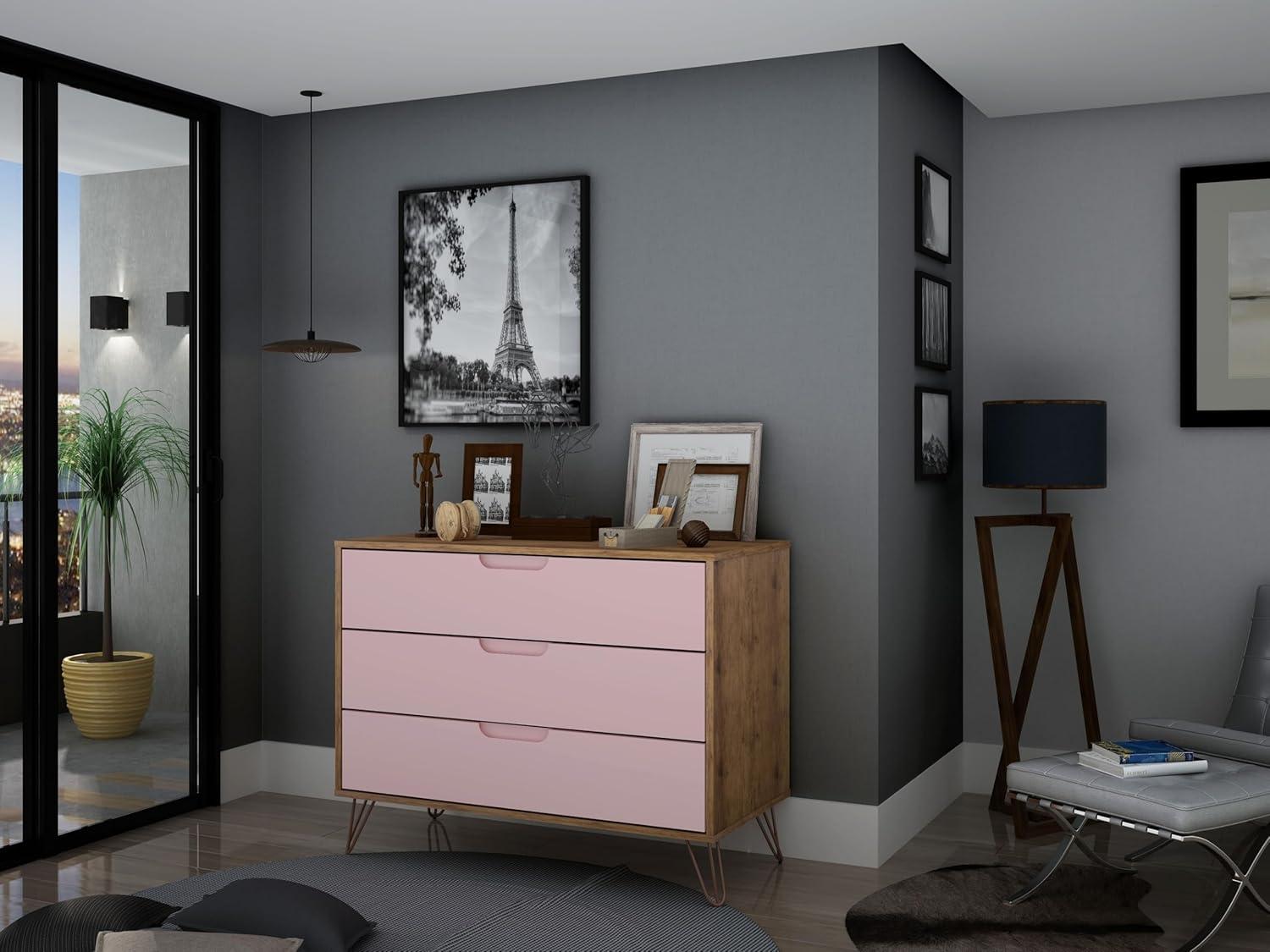 Set of 2 Rockefeller 3 Drawer Dresser Nature/Rose Pink - Manhattan Comfort: MDF Bedroom Storage, Easy-Glide, 6 Drawers