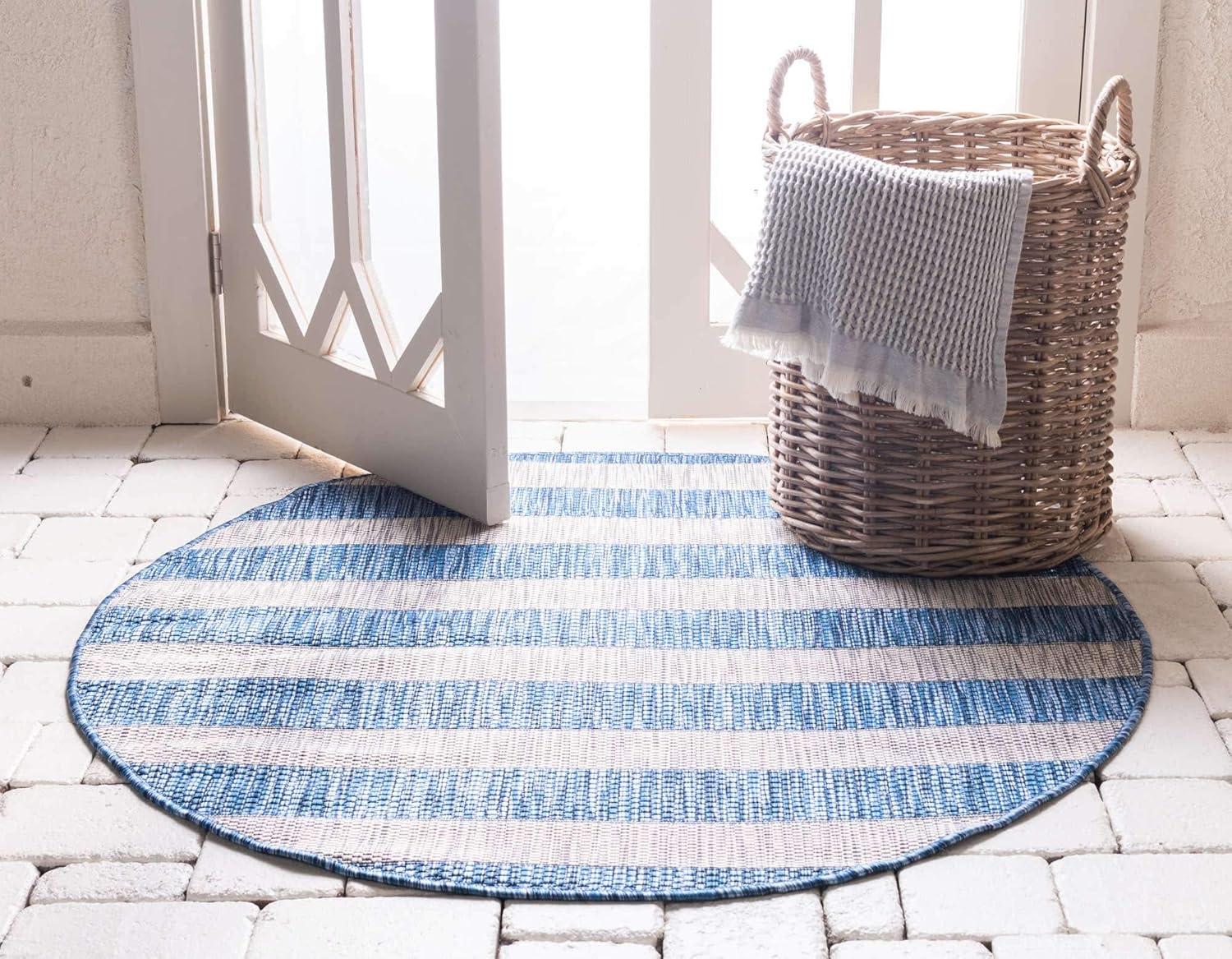 Unique Loom 4' 1 x 4' 1 Round Indoor/Outdoor Striped Blue Area Rug