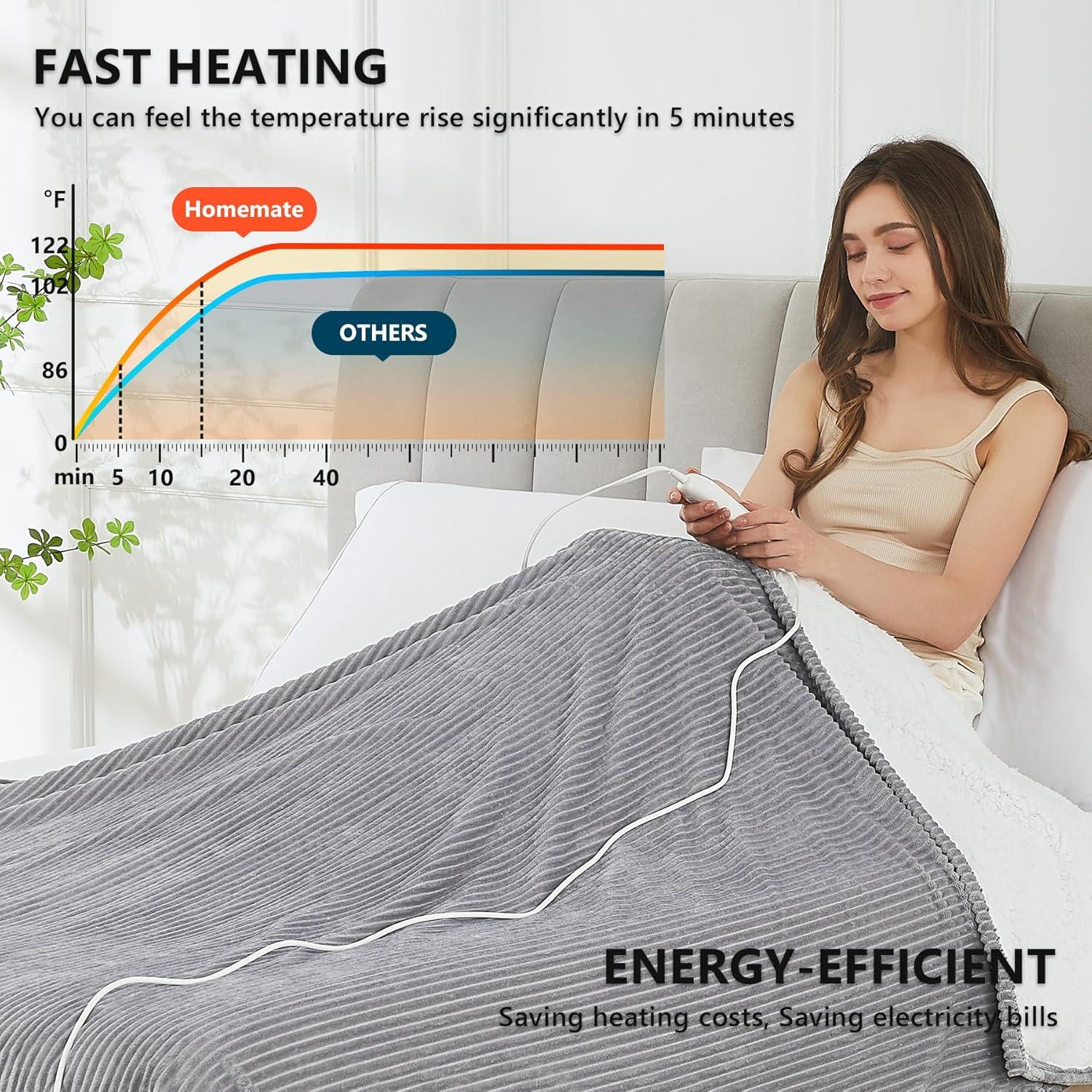 Homemate Heated Blanket Electric Throw - 50"x60" Heating Blanket Throw 1/2/4/6/8 Hours Auto-Off 10 Heat Levels Over-Heat Protection Soft Flannel Sherpa Heater ETL Certification