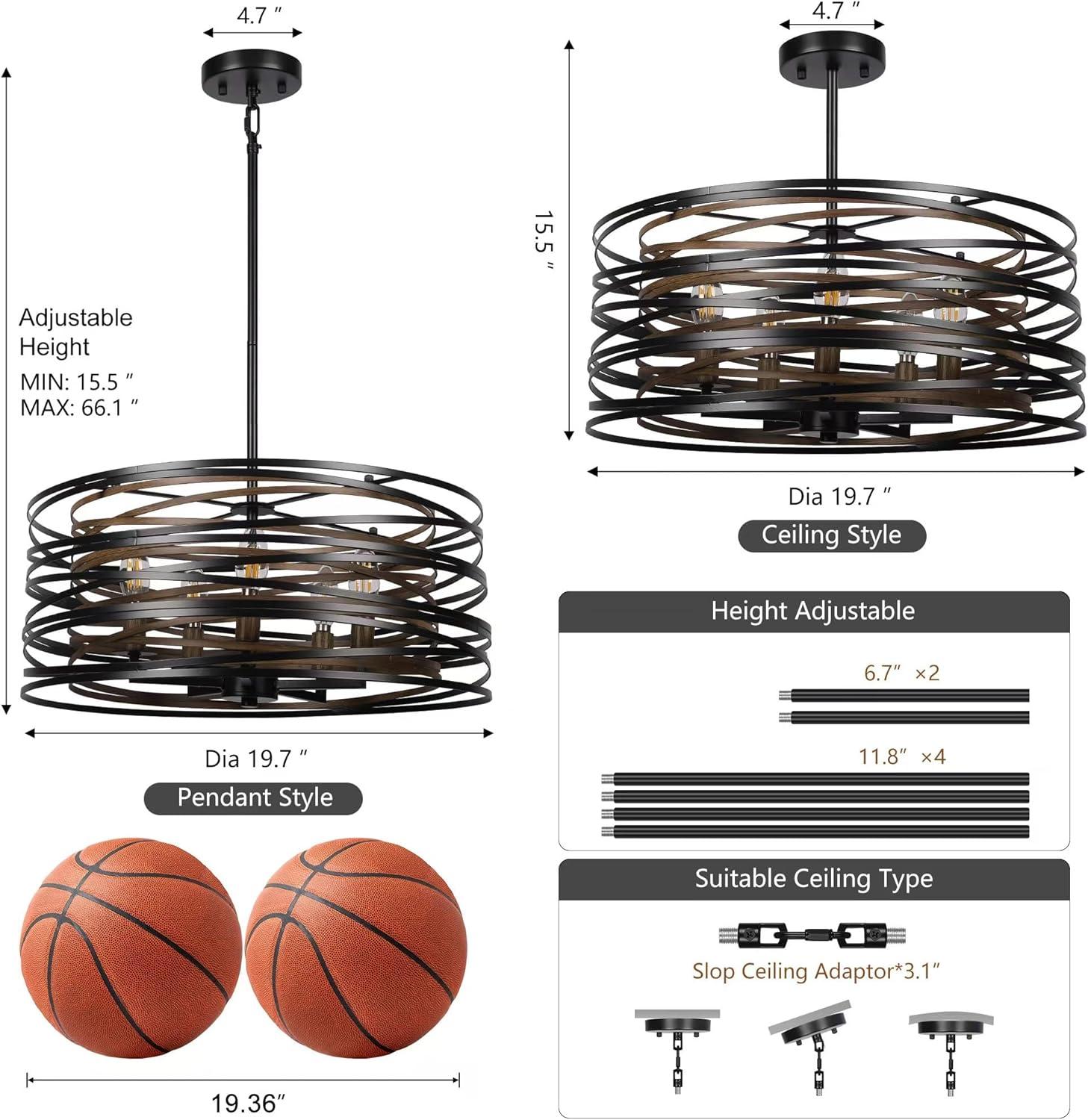 Dining Room Lighting Fixture, 5-Light Farmhouse Black Chandelier Drum Light, Round Metal with Retro Wood Texture Interior, E12 Bulbs Not Included