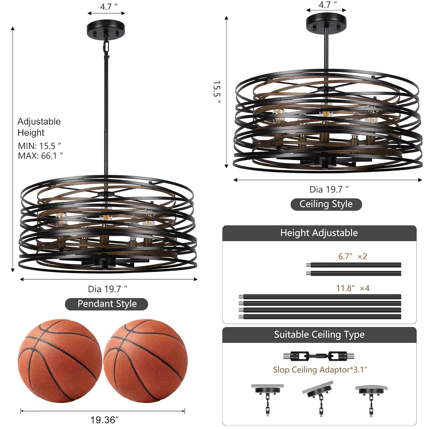 Dining Room Lighting Fixture, 5-Light Farmhouse Black Chandelier Drum Light, Round Metal with Retro Wood Texture Interior, E12 Bulbs Not Included