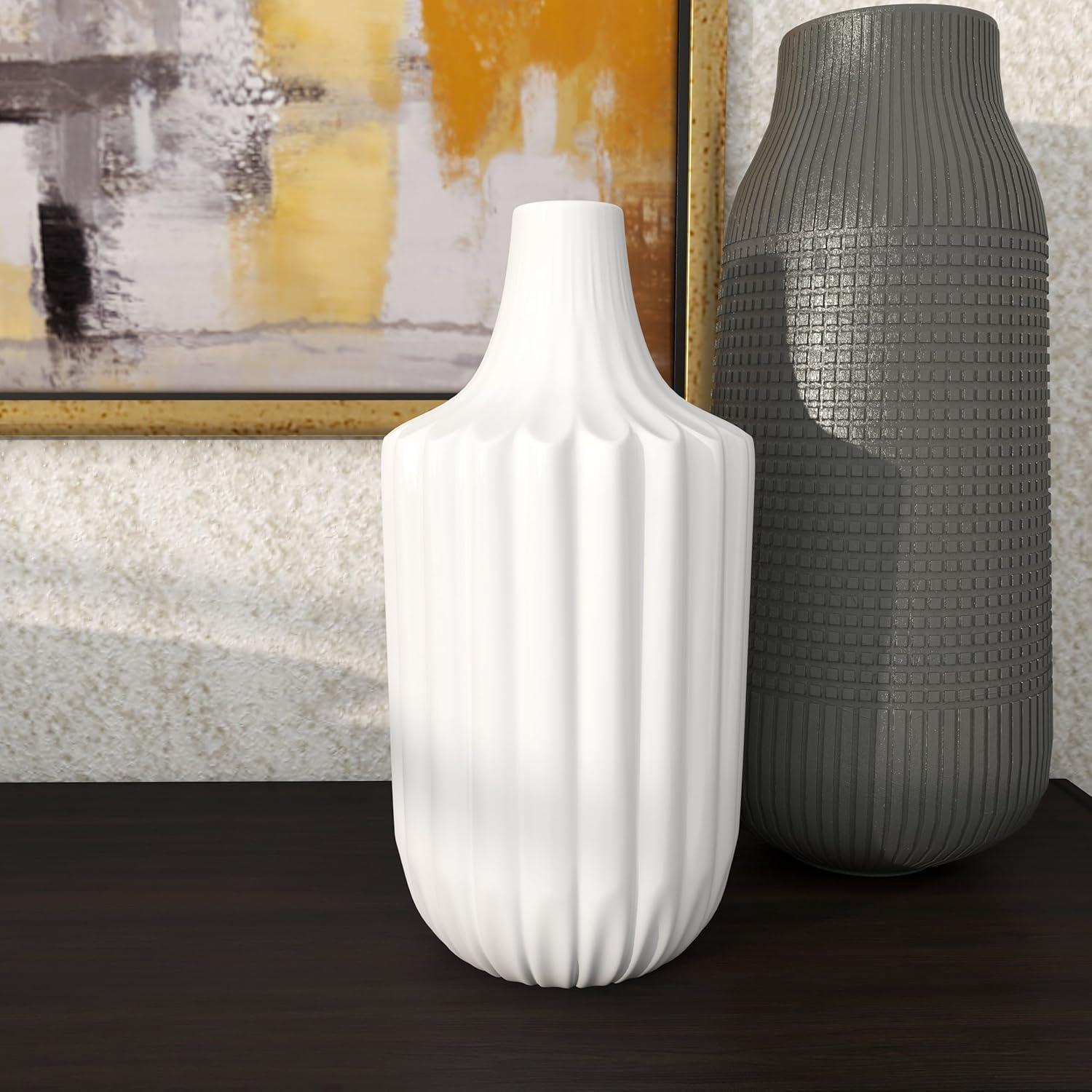 DecMode Modern Ceramic Tall White Decorative Vase with Vertical Groove Pattern 5"W x 19"H
