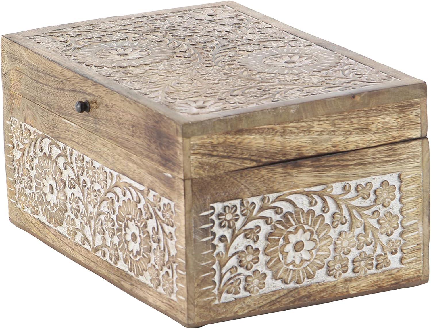 Set of 3 Mango Wood Carved Floral Boxes - Olivia & May: Coastal Style with Lids, Indoor Use, Non-Slip Base