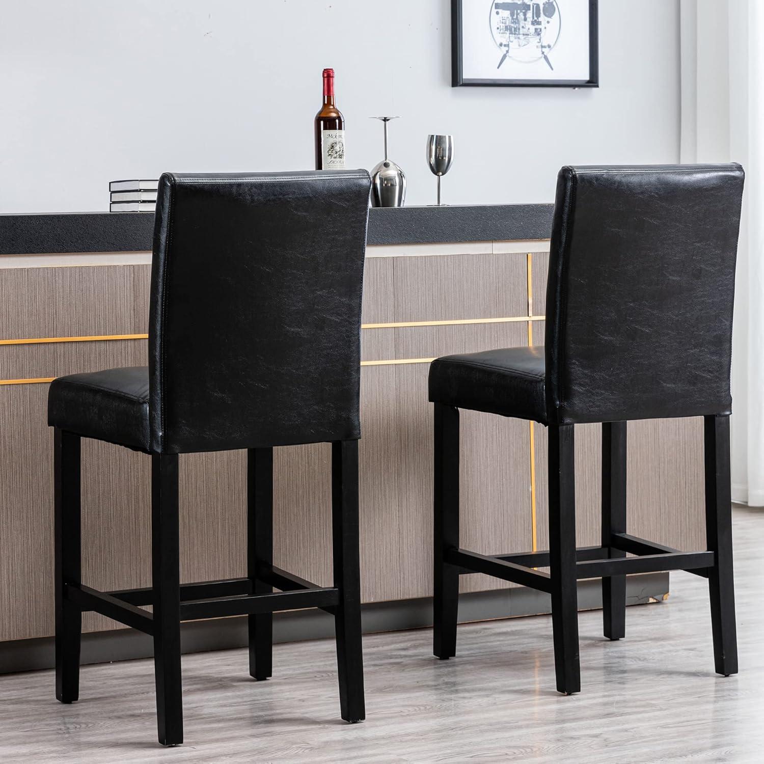 Black Faux Leather and Wood Counter Height Stools, Set of 2