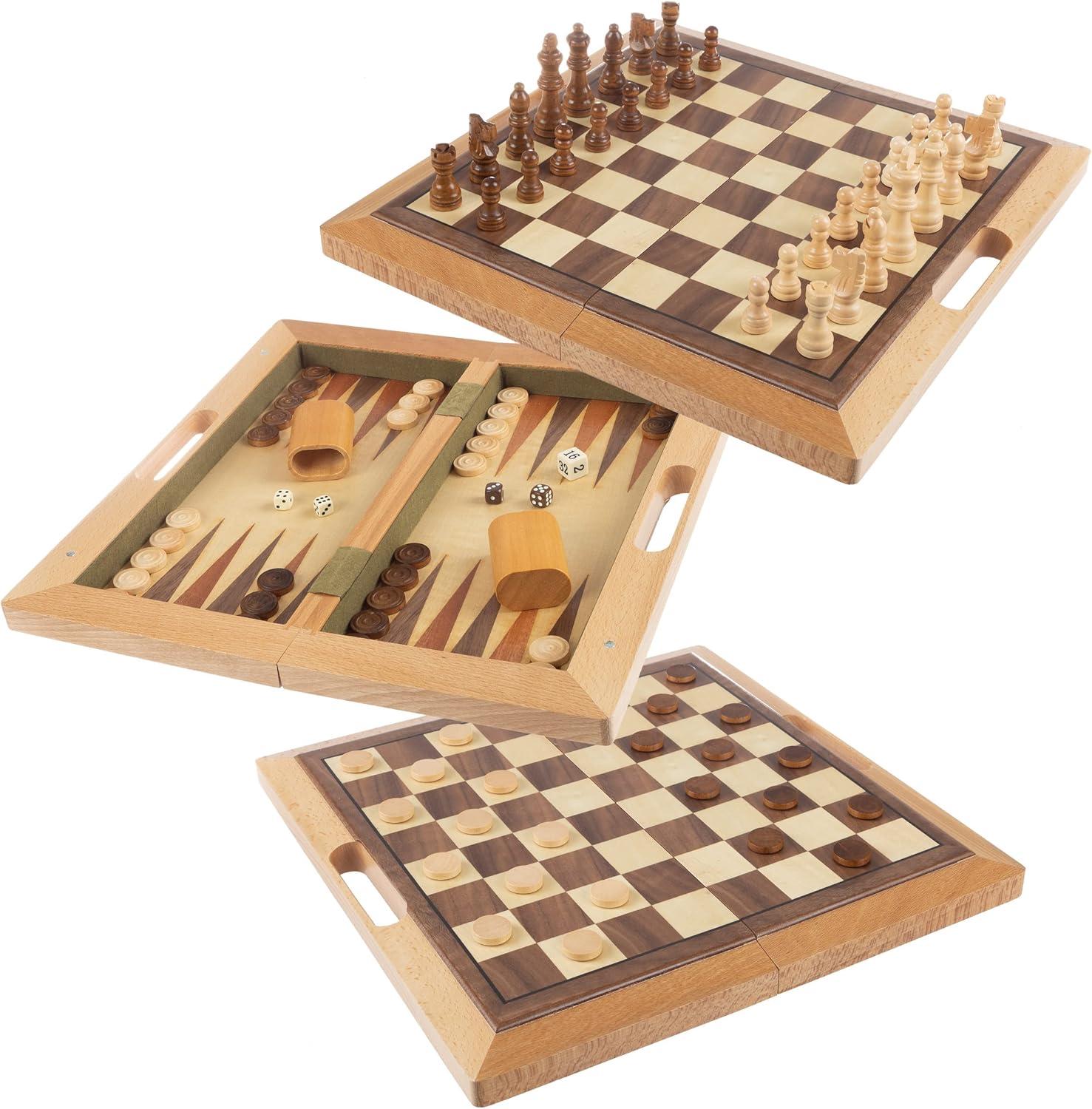 Deluxe Wooden Chess, Checker and Backgammon Set, Brown