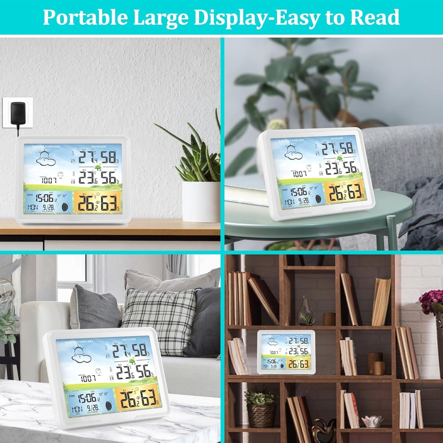 Wireless Indoor Outdoor Thermometer: Home Weather Station, Portable Digital Weather Clock Atomic with Bluetooth Color Forecast, Multiple Sensors Weather Monitor and Alarm (1 Remote)