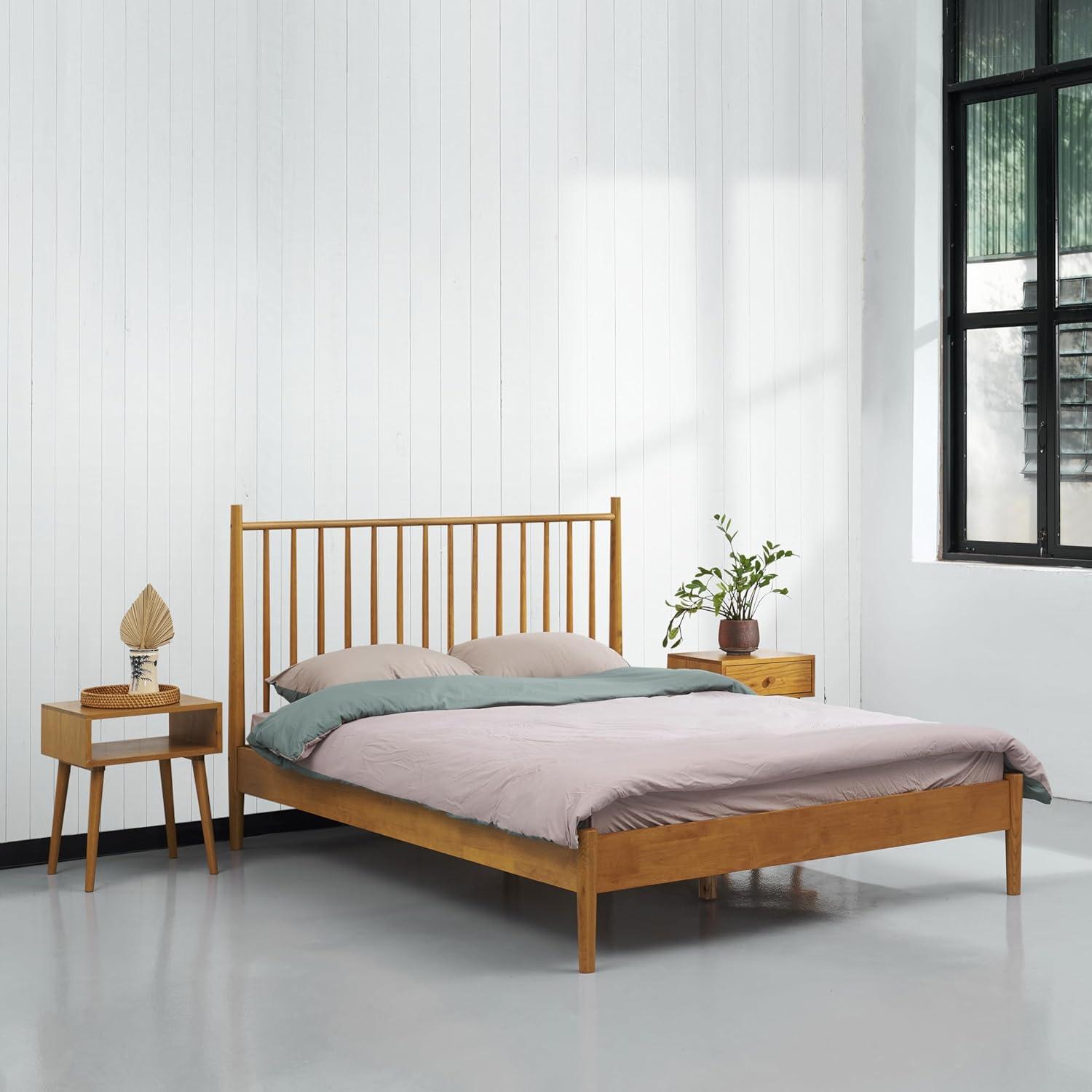 NTC Inno Solid Wood Bed Frame with Spindle Headboard and Silent Slats, 1000 lb Capacity