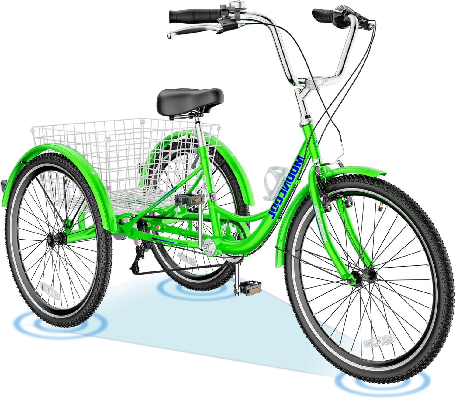 MOPHOTO Adult Tricycles 3 Wheel 7 Speed Trikes, 24 inch with Big Basket for Shopping, Picnics Exercise Men's Women's Cruiser Bike