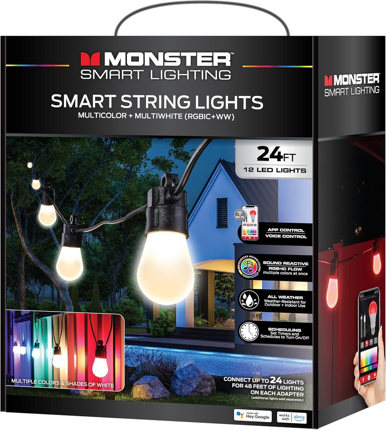 Monster Smart Weather Resistant Sound Reactive Multicolor 24 ft String Lights, 12 LED Lights, Wifi Mobile App & Voice Control, RGB + IC Flow, Corded Electric