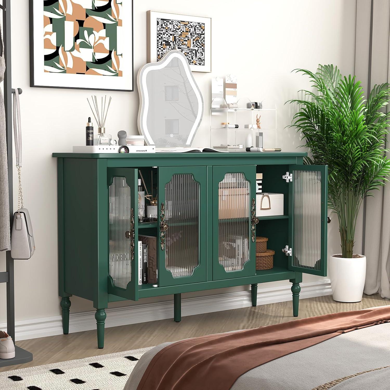 Green Mid-Century Modern Buffet Cabinet with Glass Doors