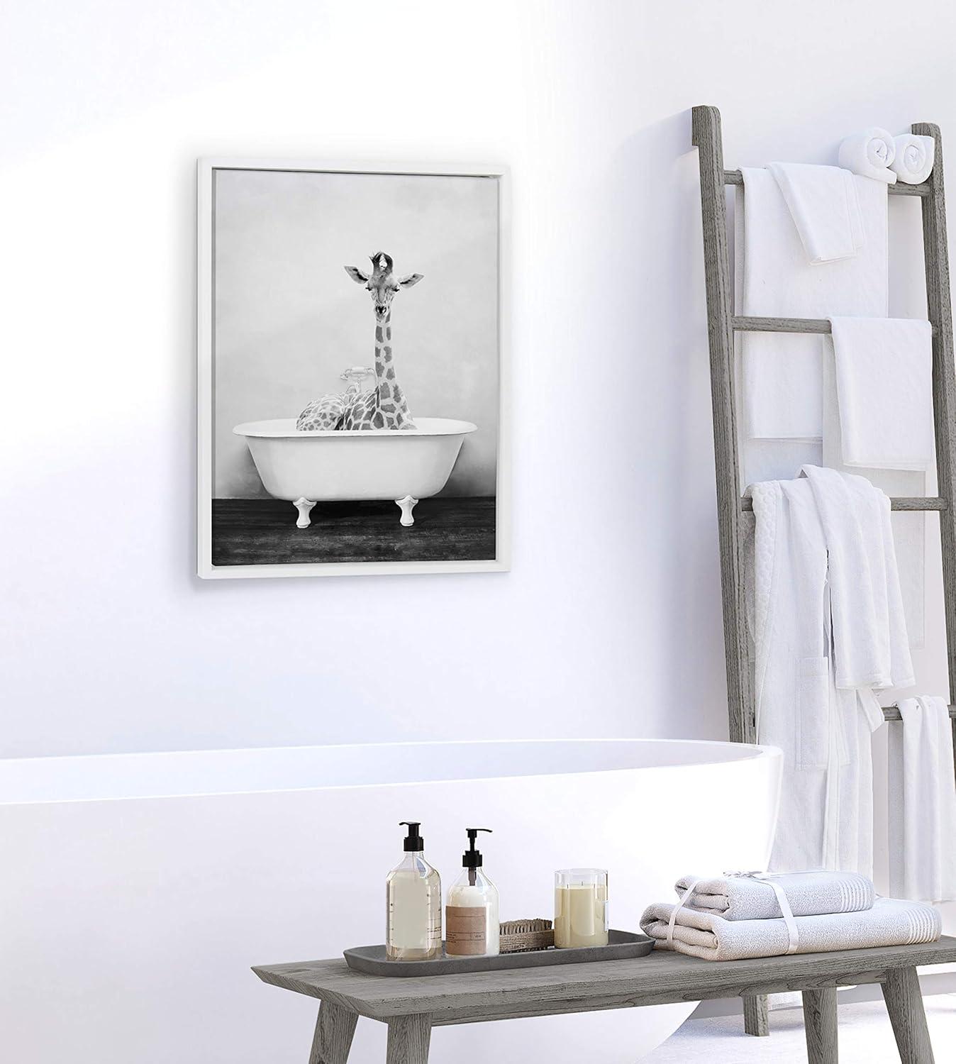 Whimsical Giraffe in Tub Framed Canvas Wall Art