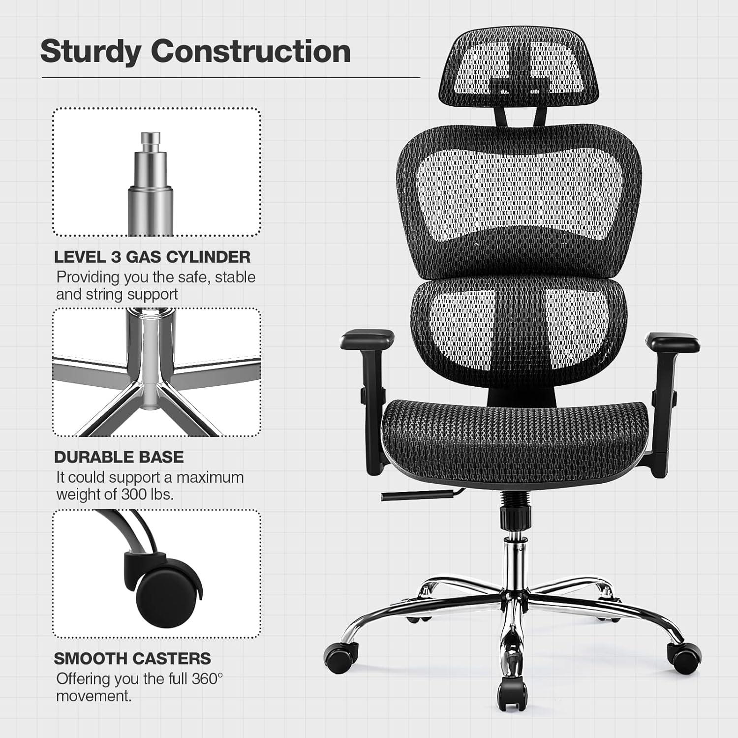 Ergonomic High Back Office Chair - High Office Chair with Headrest, Lumbar Support, Movable Armrests, Swivel Mesh Office Chair with 300 lbs Weight Capacity Adjustable Height for Home Office, Executive