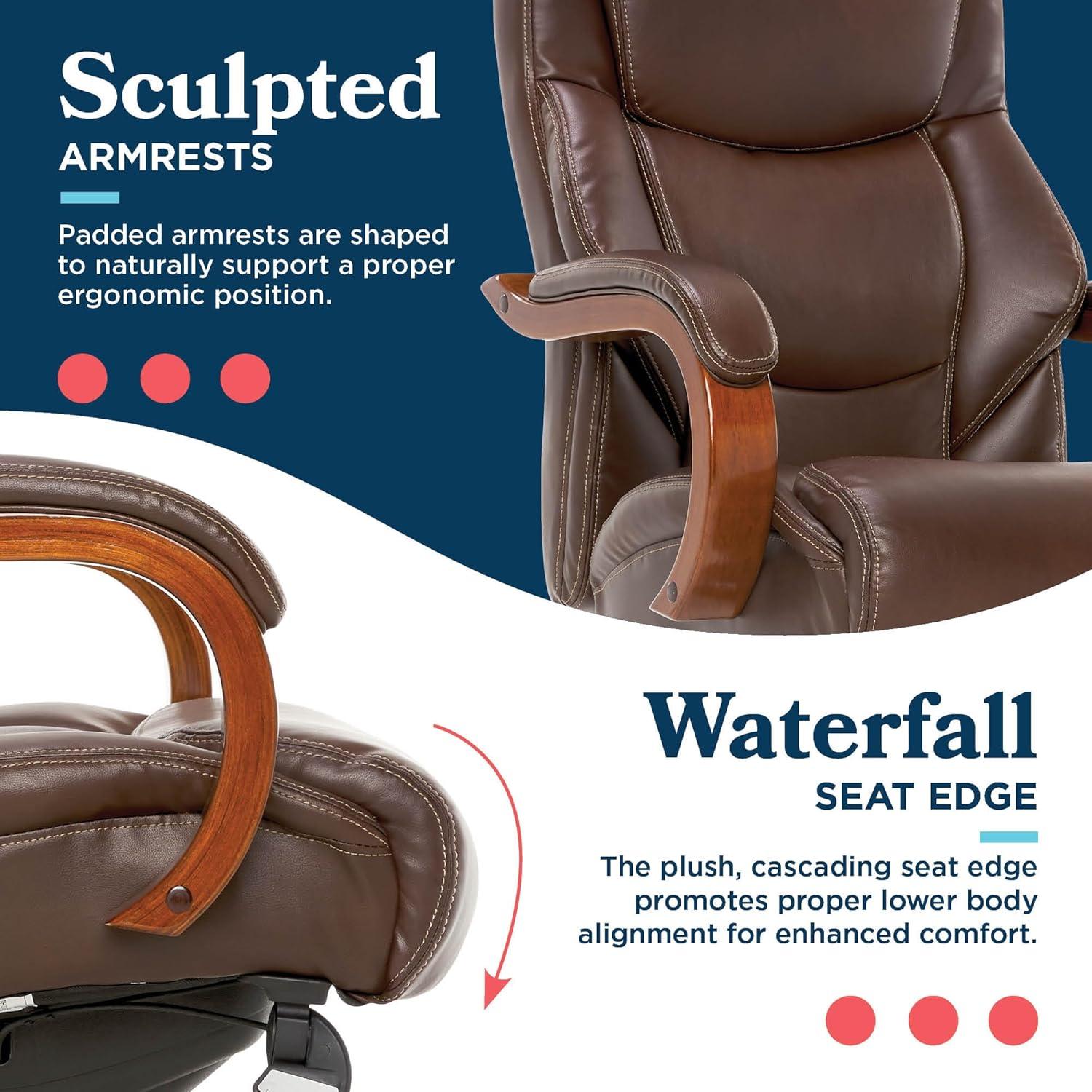 La-Z-Boy La-Z-Boy Delano Big & Tall Executive Office Chair, Ergonomic Mid-Back with Body Pillow Lumbar Support, ComfortCore® with Memory Foam Cushion, Mahogany Wood Arms and Swivel Base, Bonded Leather