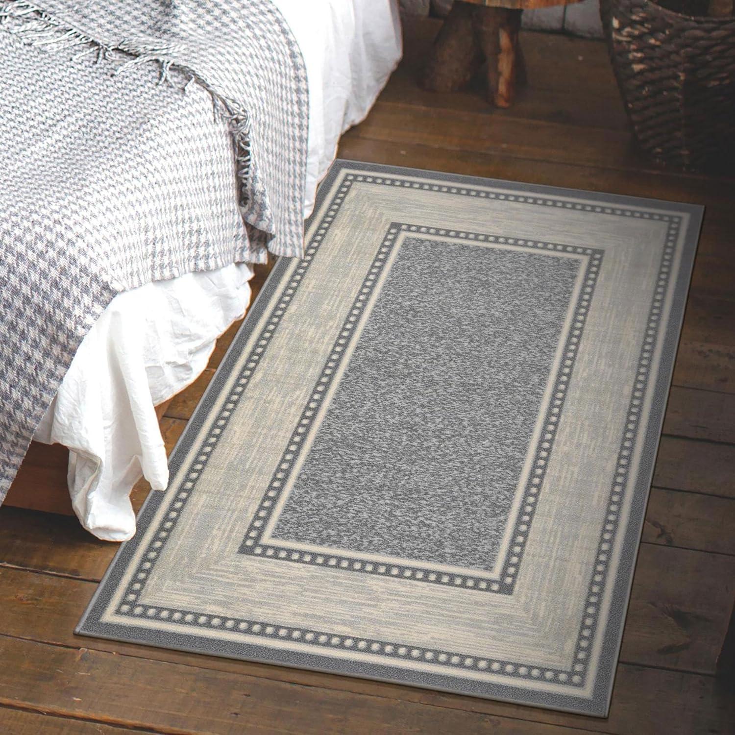 Ottomanson Machine Washable Non-Slip Rubberback Bordered 3x5 Indoor Area Rug, 3'3" x 5', Light Gray